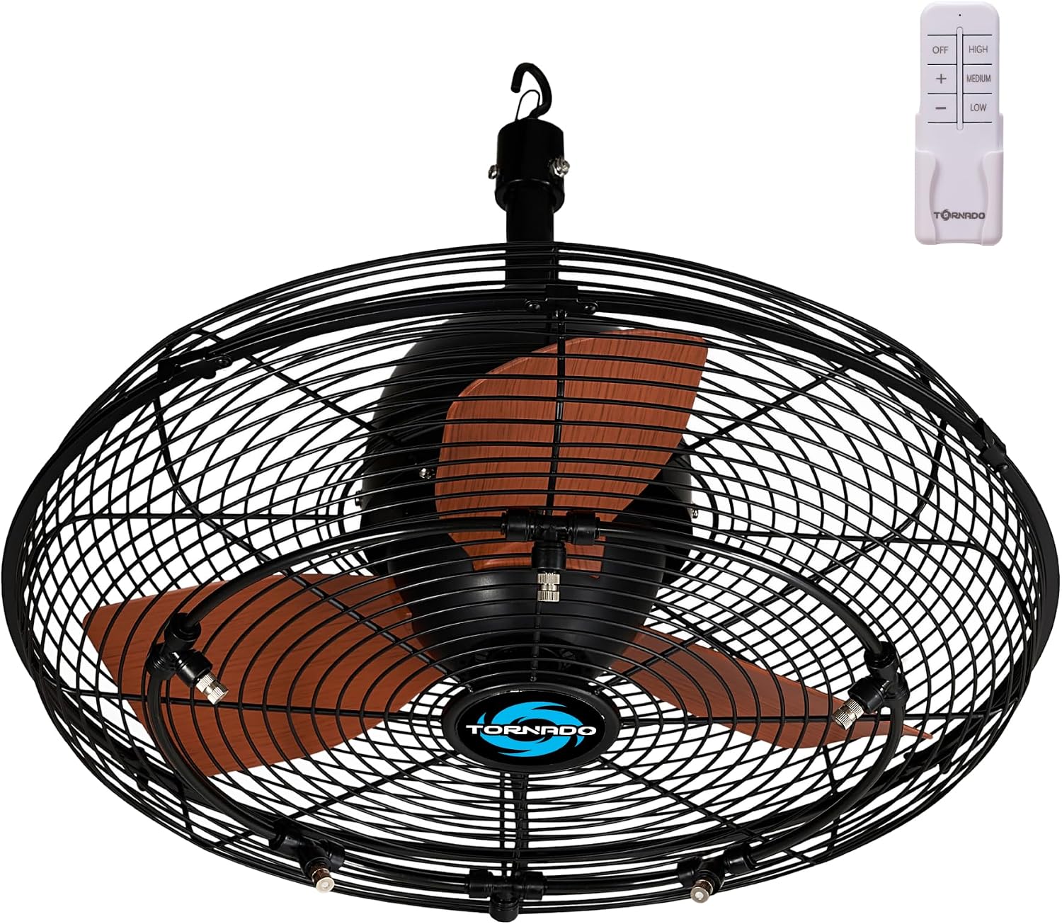 Tornado 20 Inch Outdoor Ceiling Mount Fan with Misting Kit – Quiet 3-Speed, 3300 CFM, IPX4 Water-Resistant, Remote Control, 5 Brass Nozzles, UL Listed