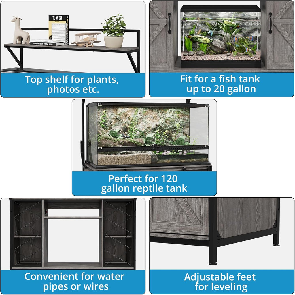 VOWNER Farmhouse Reptile Tank Stand with Power Outlet, 48' X 24' Tabletop Fits up to 120 Gallon Bearded Dragon Tank, Heavy Duty Aquarium Stand with Storage Cabinet, Reptile Turtle Terrarium Stand Grey