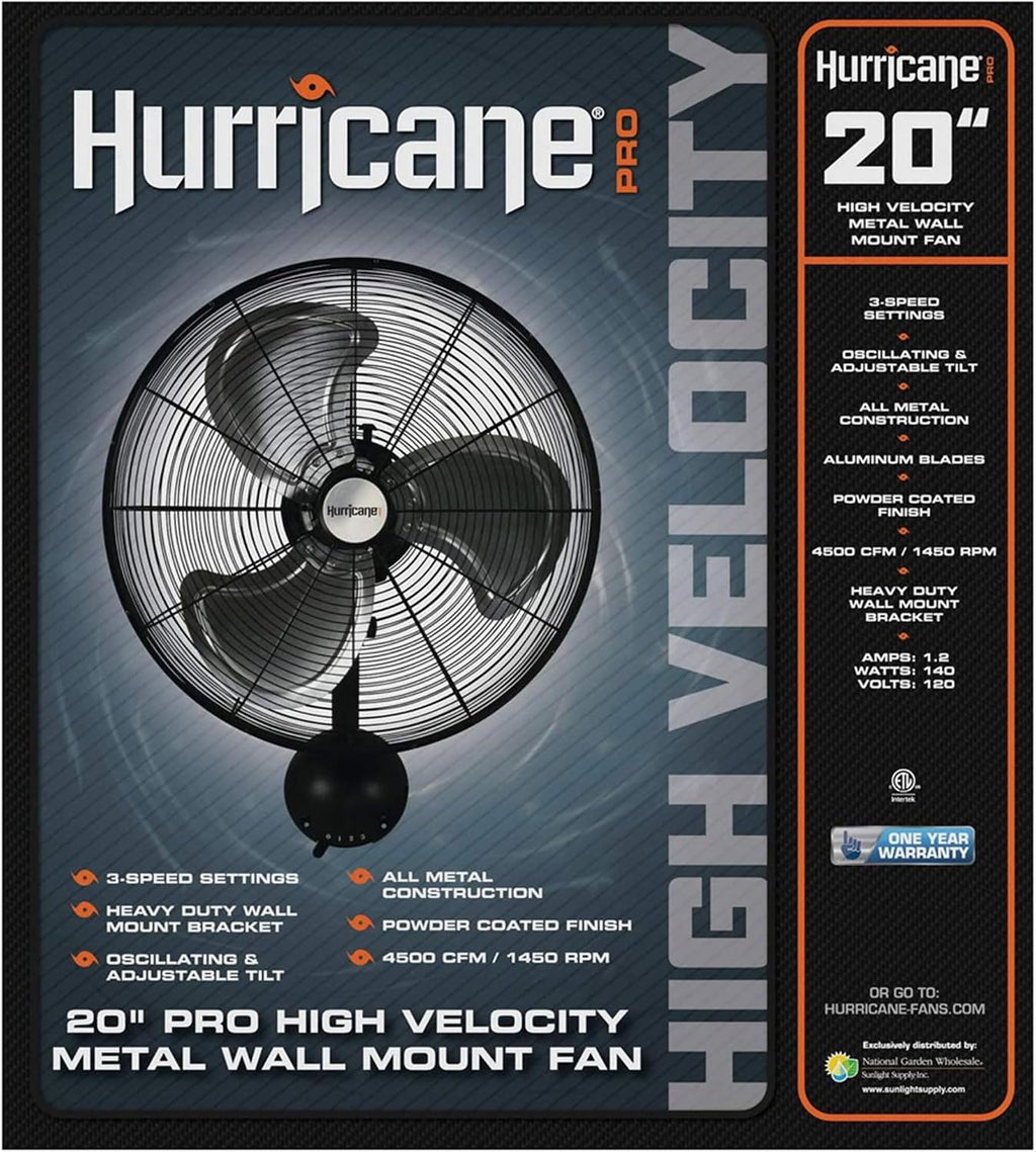 Hurricane Pro High Velocity Oscillating Metal Wall Mount Fan w/ 3 Speeds, Black, 20' - Corded Electric Air Cooling Unit w/ Powerful 4500 CFM Airflow for Home, Garage, Gym, Workshop & Greenhouse