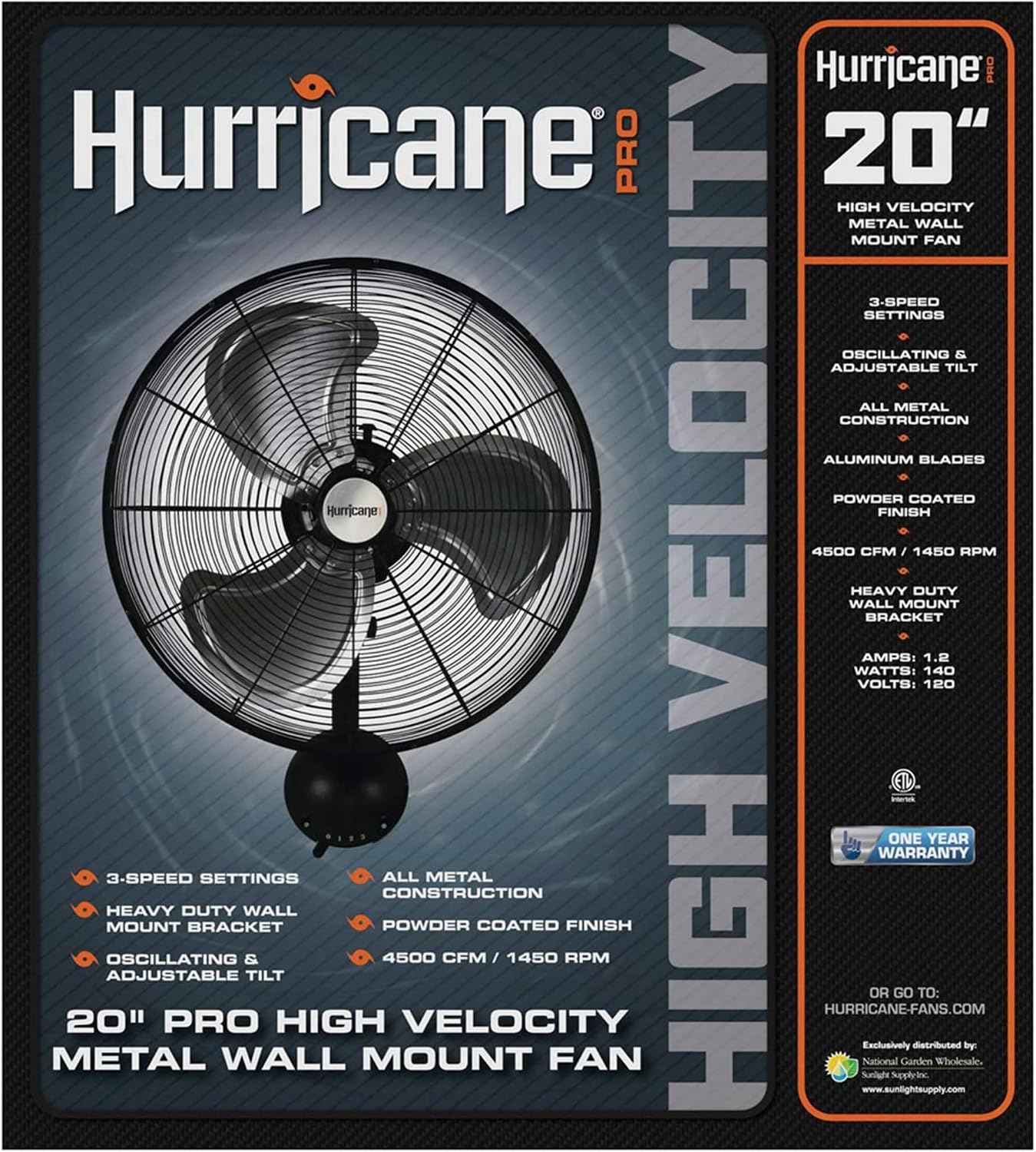 Hurricane Pro High Velocity Oscillating Metal Wall Mount Fan w/ 3 Speeds, Black, 20' - Corded Electric Air Cooling Unit w/ Powerful 4500 CFM Airflow for Home, Garage, Gym, Workshop & Greenhouse