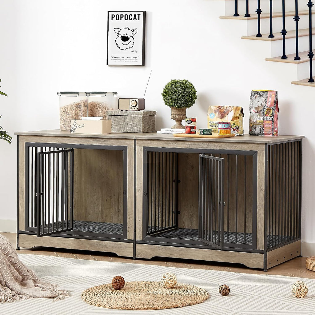 Rovibek 75'' Double Dog Crate Furniture for 2 Large Dogs, Heavy Duty Furniture Style Dog Crates End Table, Wood Crates for Dogs Kennel Indoor with Double Door, Grey