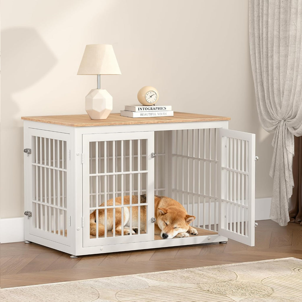 rehomerance 38 Inch Heavy Duty Dog Crate Furniture for Large and Medium Dogs, Decorative Pet House End Table, Wooden Cage Kennel Furniture Indoor, Natural and White