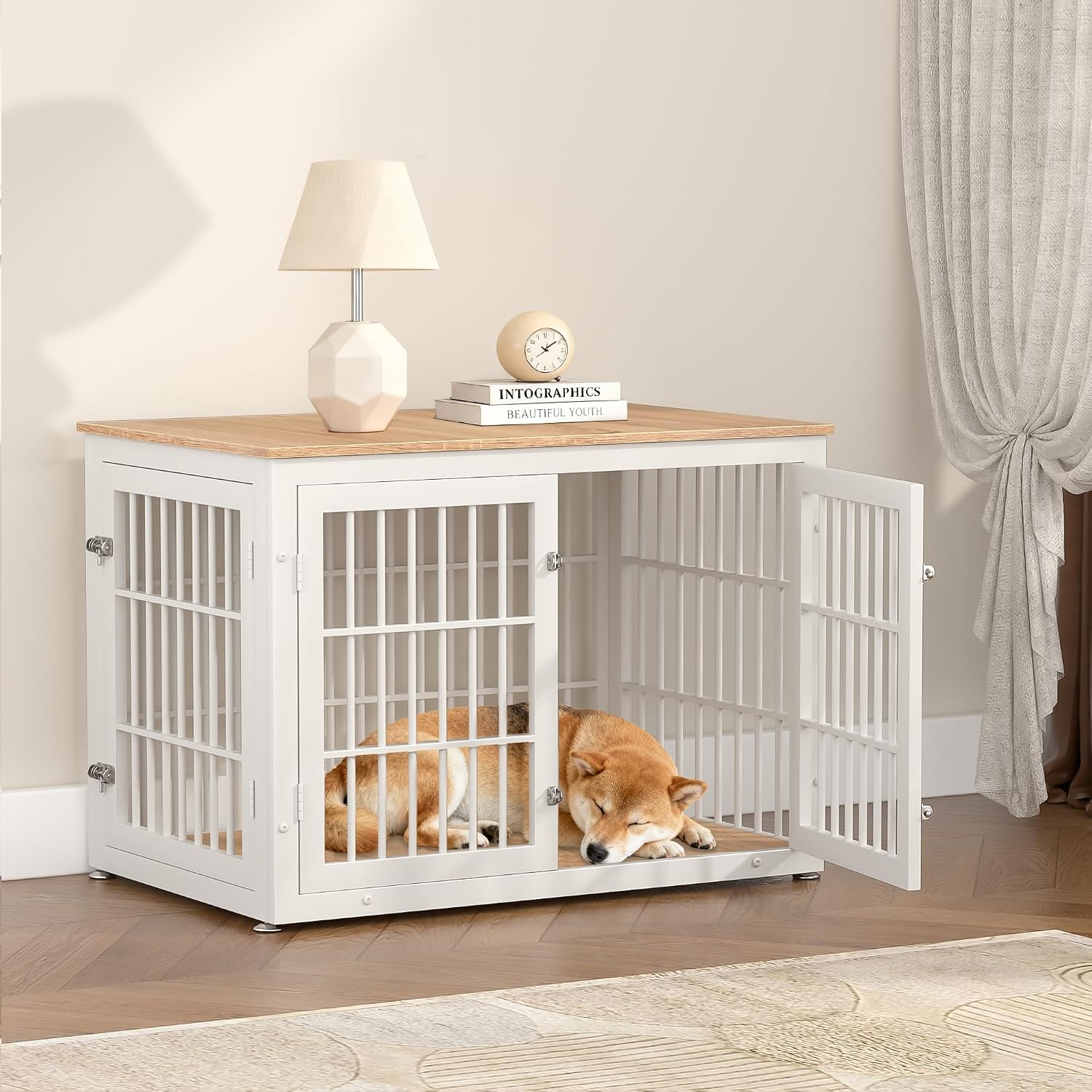 rehomerance 38 Inch Heavy Duty Dog Crate Furniture for Large and Medium Dogs, Decorative Pet House End Table, Wooden Cage Kennel Furniture Indoor, Natural and White