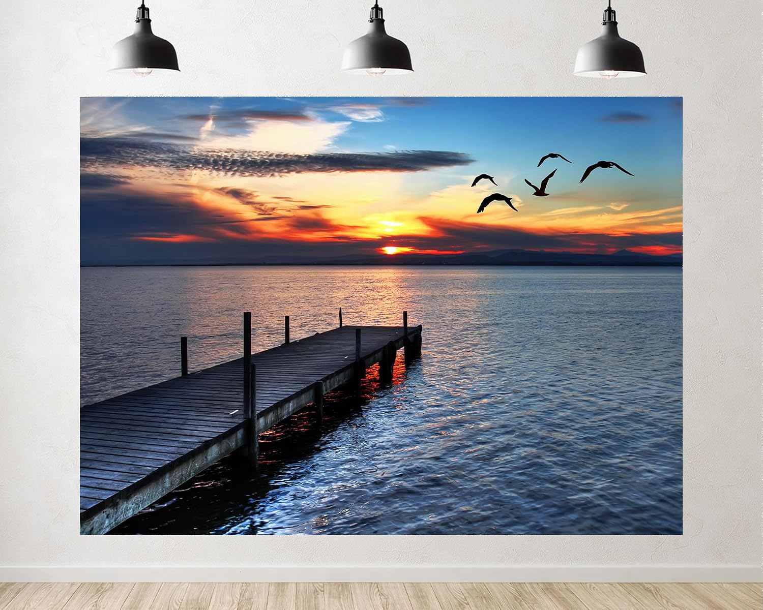 Trykid 20x10ft Sunset Wooden Pier Backdrop Lake Seagull Flying Photography Background Serene Coastal Landscape Party Decoration Tapestry Photo Booth Prop Fabric