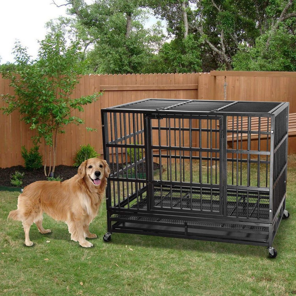 LEMBERI 42 Inch Heavy Duty Indestructible Dog Crate, High Capacity Escape Proof Double Door Kennel with Lockable Wheels, 35' Tall Medium Dog Cage with 0.8' Steel Tubes, Removable Tray, Black