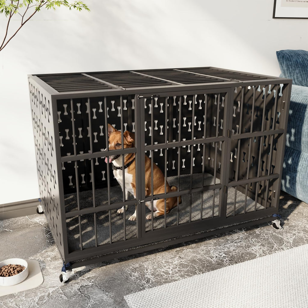 LEMBERI 48' Heavy Duty Indestructible Privacy Enclosed Dog Crate with Mat, 500lbs Capacity Escape Proof Dog Kennel, 36' Tall High Anxiety XL Metal Dog Cage with Lockable Wheels, Removable Tray, Black