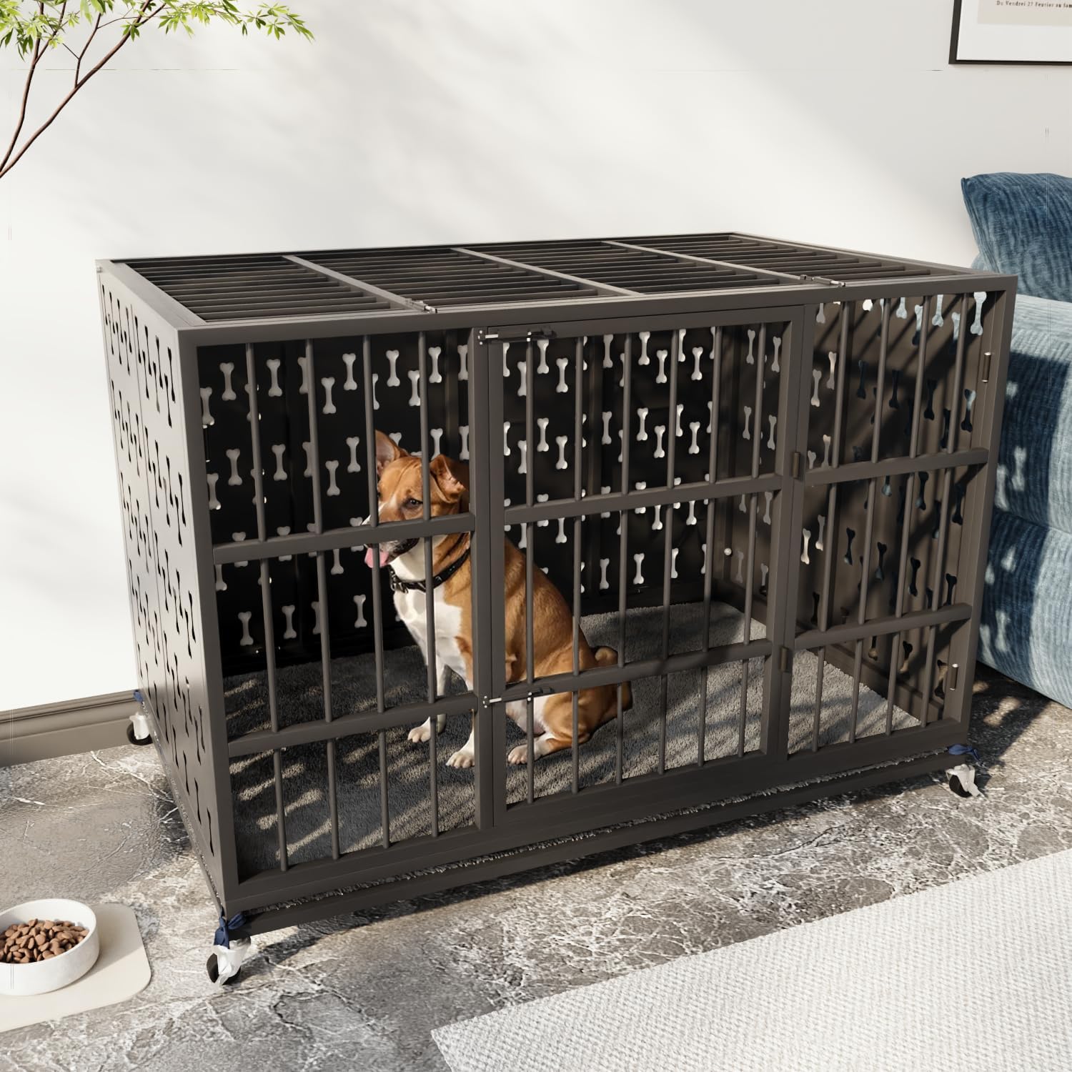 LEMBERI 48' Heavy Duty Indestructible Privacy Enclosed Dog Crate with Mat, 500lbs Capacity Escape Proof Dog Kennel, 36' Tall High Anxiety XL Metal Dog Cage with Lockable Wheels, Removable Tray, Black