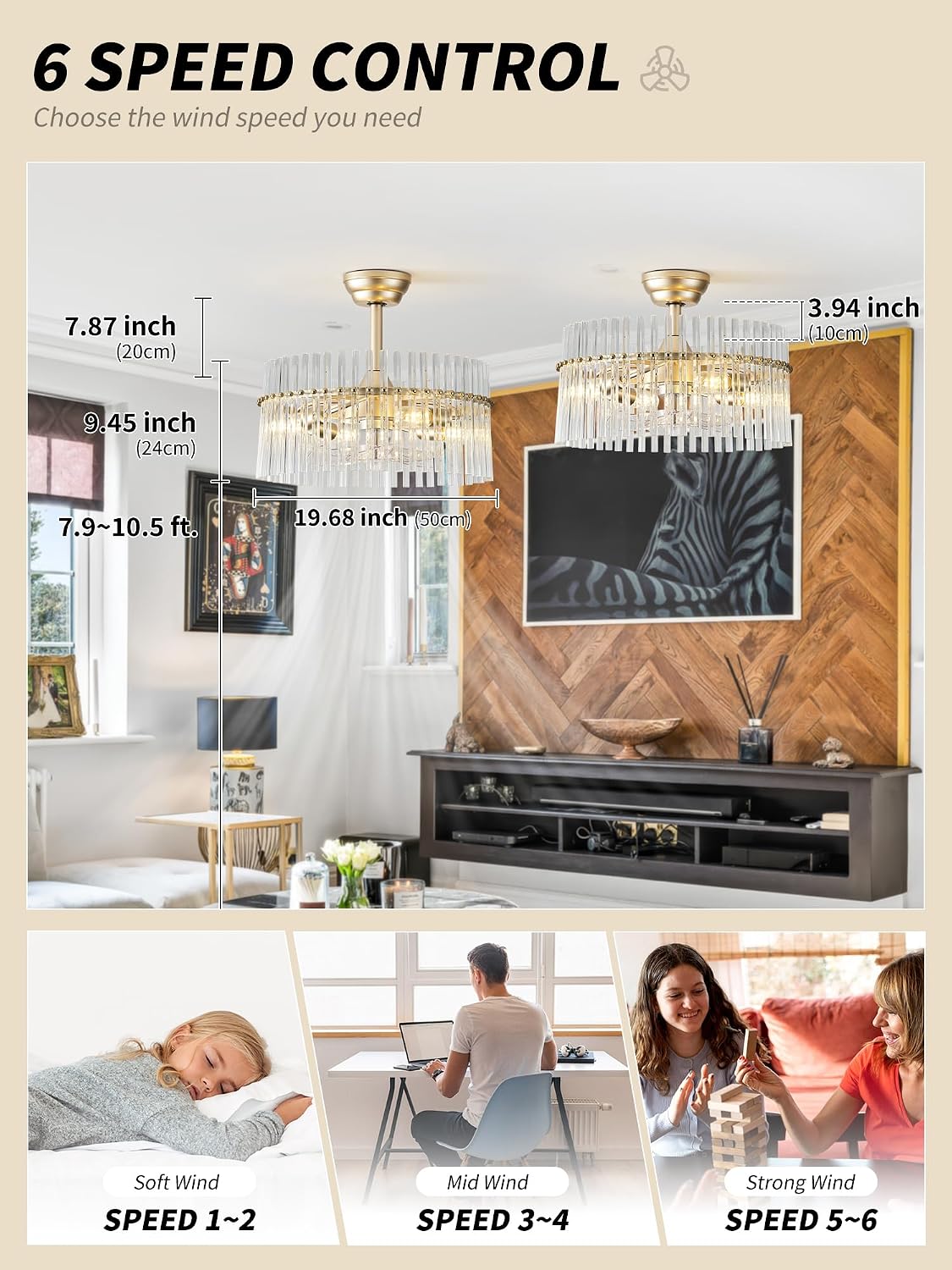 SYDACG 20' Gold and Clear Crystal Fandelier Ceiling Fan with Light, Mid-Century Chandelier Ceiling Fan with Light Remote Control, 6 Speeds for Bedroom, Nursery, Living Room