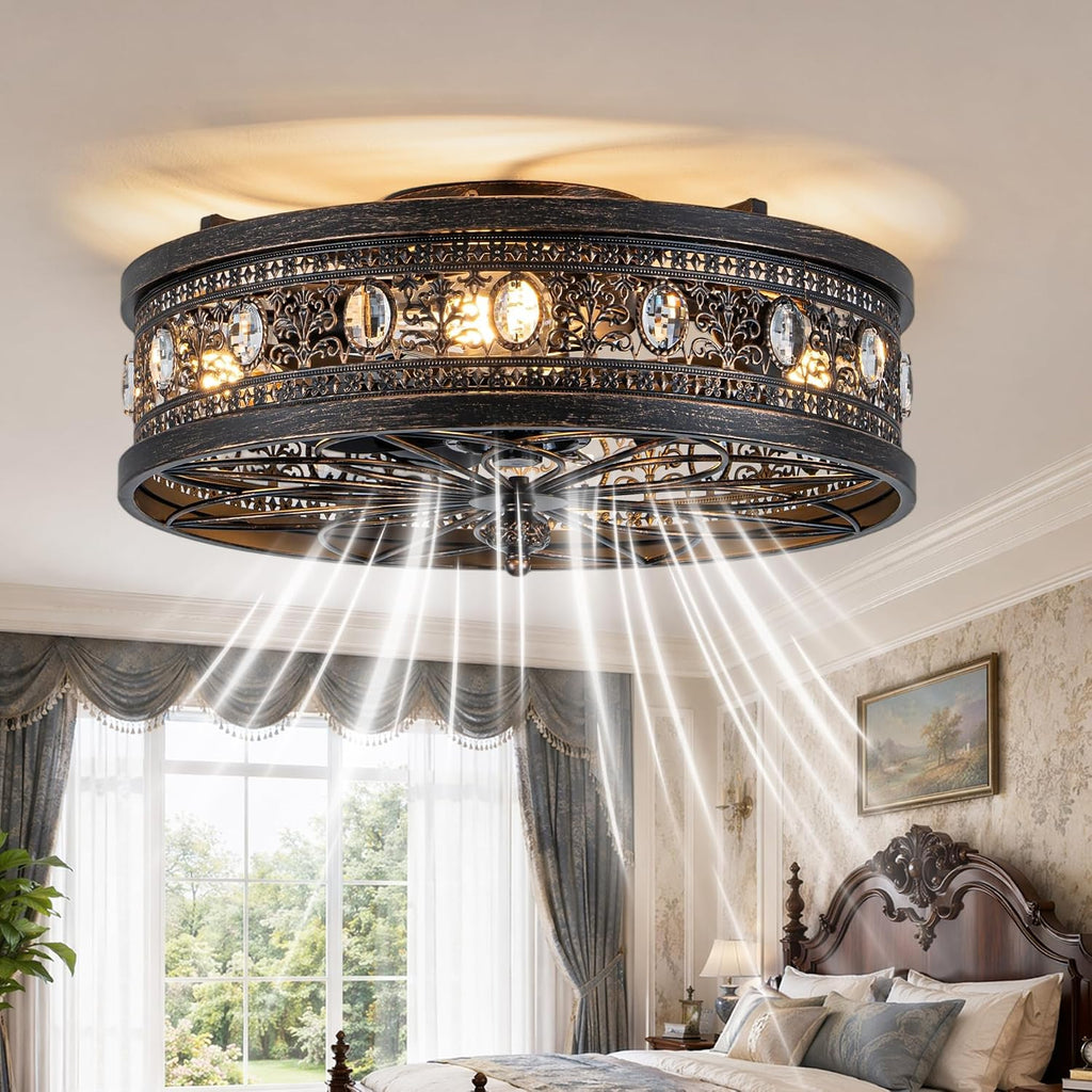 19'' Caged Ceiling Fan with Lights and Remote, Vintage Victorian Rustic Fandelier Flush Mount Low Profile Fandelier Small Enclosed Bladeless Chandelier for Bedroom Kitchen Dining Room