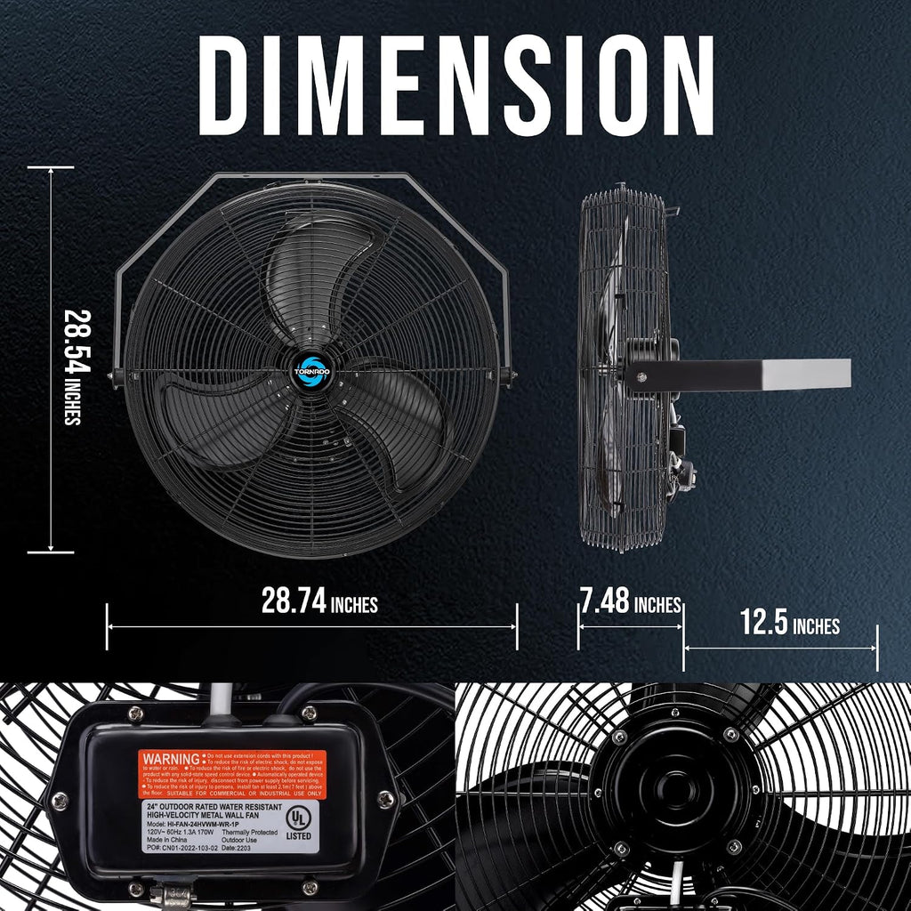 Tornado 24 Inch Outdoor Wall Mount Fan, 3-Speed High Velocity Metal Wall Fan – IPX4 Water-Resistant, 7700 CFM, UL Safety Listed, Ideal for Commercial, Industrial and Residential, Black