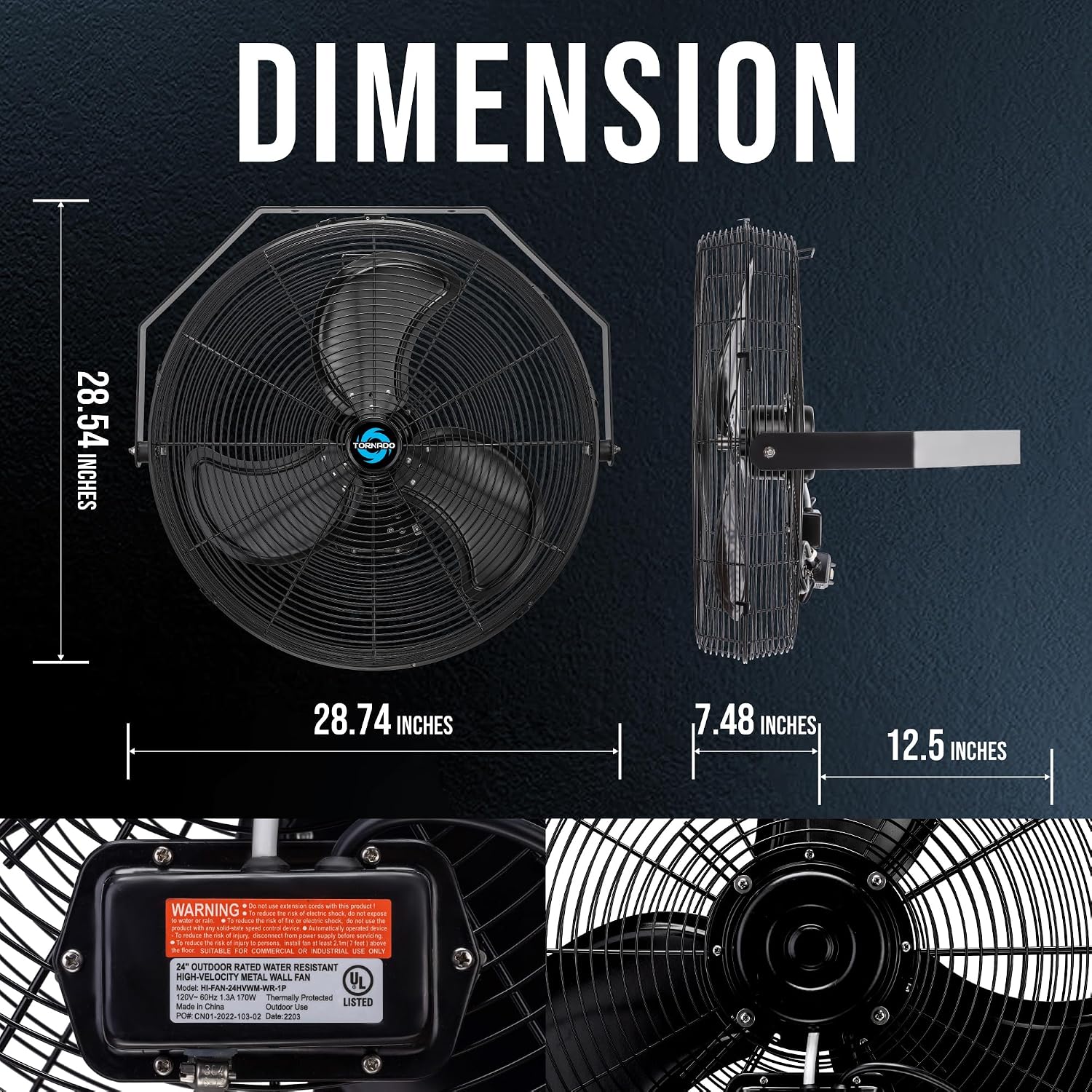 Tornado 24 Inch Outdoor Wall Mount Fan, 3-Speed High Velocity Metal Wall Fan – IPX4 Water-Resistant, 7700 CFM, UL Safety Listed, Ideal for Commercial, Industrial and Residential, Black