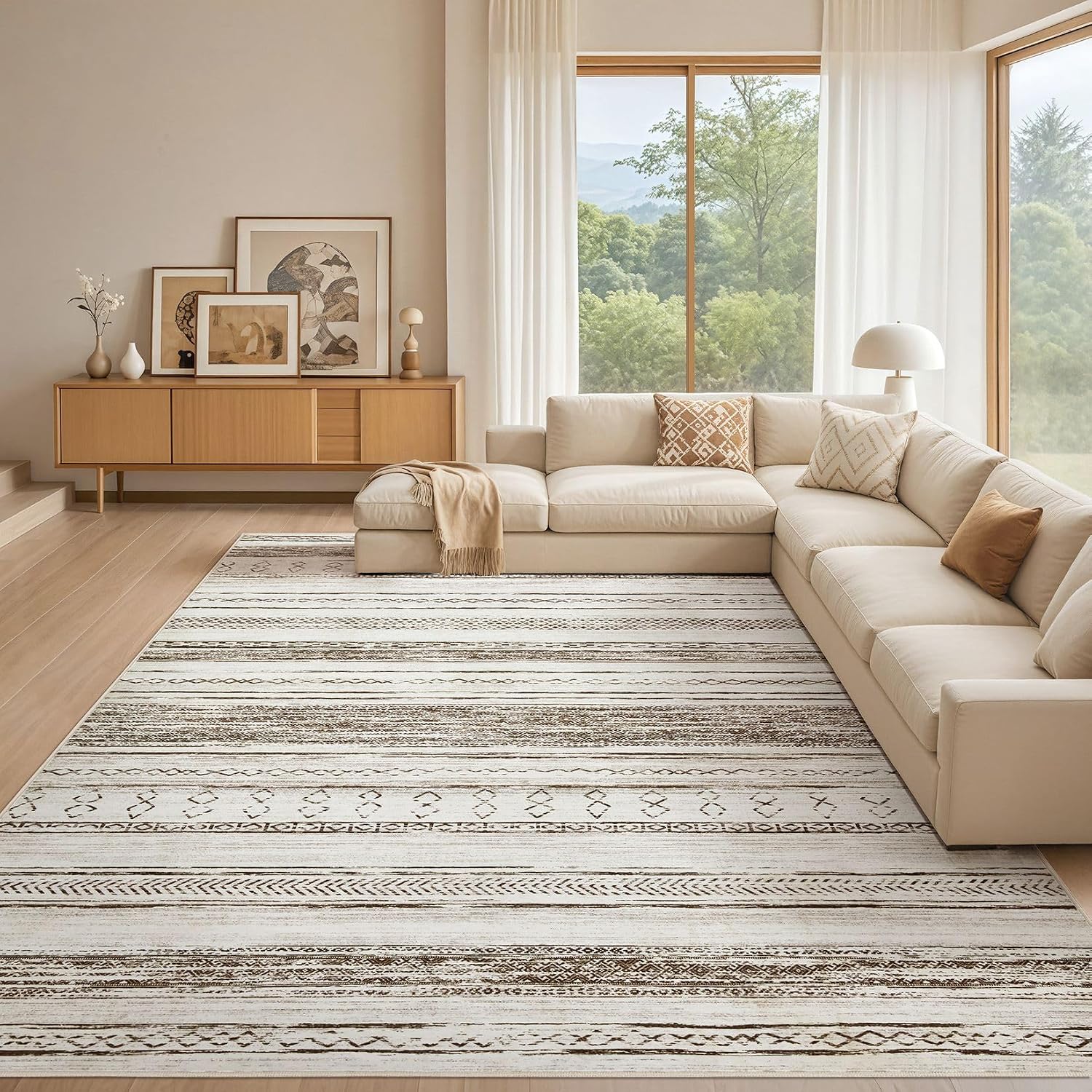Tortania Area Rug Living Room Rugs - 10x14 Washable Large Soft Neutral Boho Moroccan Bohemian Farmhouse Rug Indoor Floor Carpet for Bedroom Under Dining Table Home Office Decor - Cream Brown