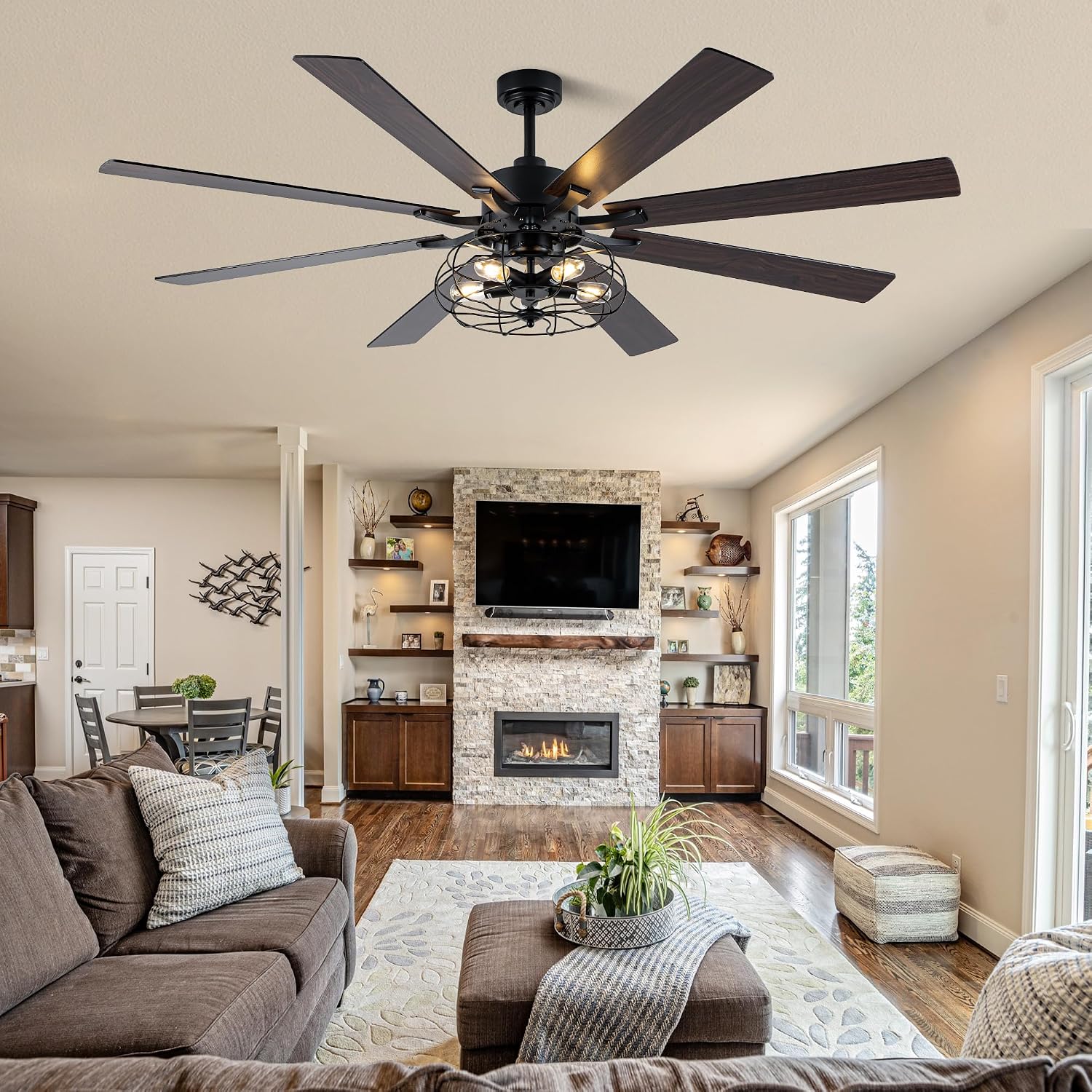 72 Inch Caged Ceiling Fans with Lights and Remote,Industrial Caged Rustic Retro Chandelier Ceiling Fan with Reversible Motor,8 Double Colour Blades for Dining Room Living Room Bedroom Porch Patio