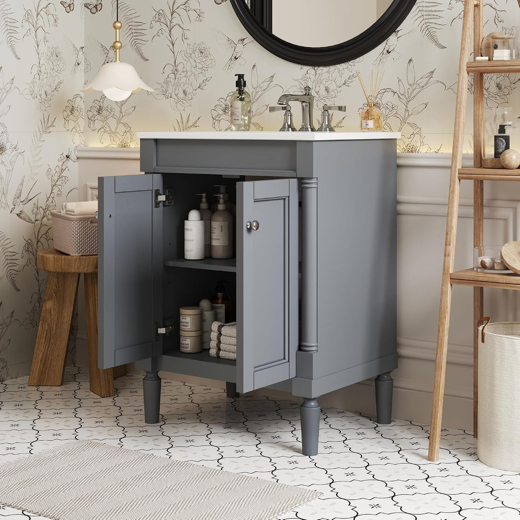 24 Inch Bathroom Vanity with Sink: Modern Gray Storage Cabinet with Ceramic Basin & Soft Close Hinges - Compact Design for Small Bathrooms & Guest Suites with Ample Storage Space & Wood Frame