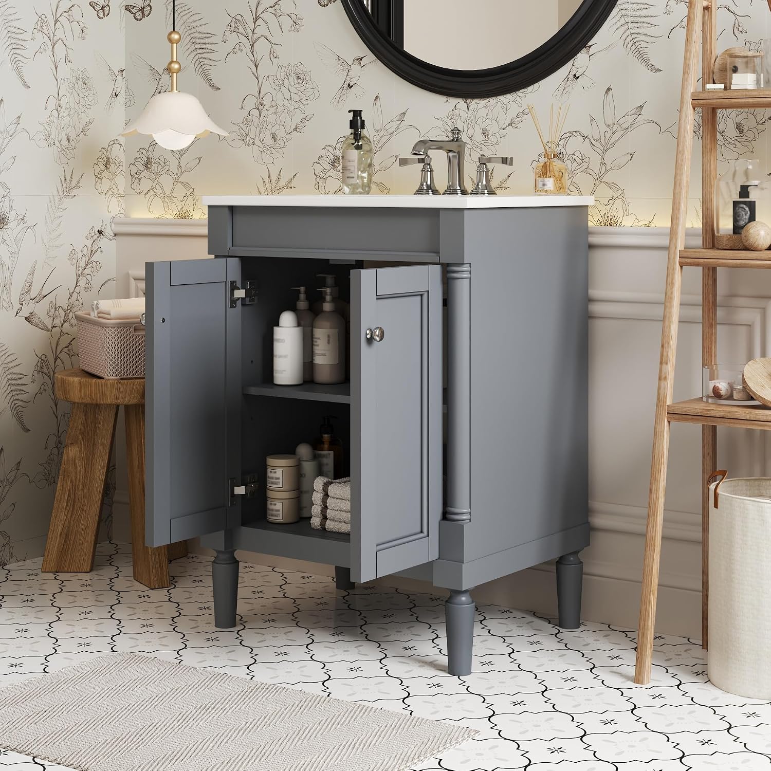 24 Inch Bathroom Vanity with Sink: Modern Gray Storage Cabinet with Ceramic Basin & Soft Close Hinges - Compact Design for Small Bathrooms & Guest Suites with Ample Storage Space & Wood Frame
