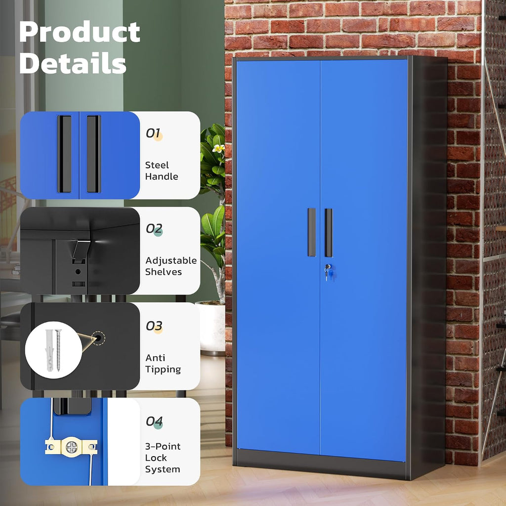 Greenvelly Metal Lockable Storage Cabinet, 72' Storage Cabinet with 2 Doors and 4 Adjustable Shelves for Office, Home, Garage, Pantry (Assembly Required, Black Blue)