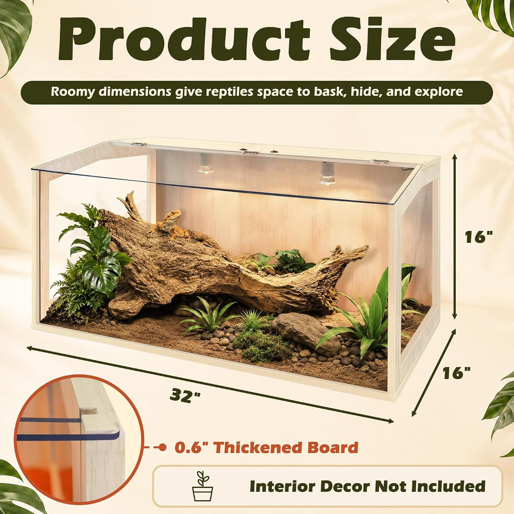 PROLEE Bearded Dragon Tank, Lizard Tank with Clear Tempered Glass, Anti-Scratch Reptile Enclosure, Reptile Tank Built-in Light Fixtures with Switch (32X16X16inch,34 Gallon)