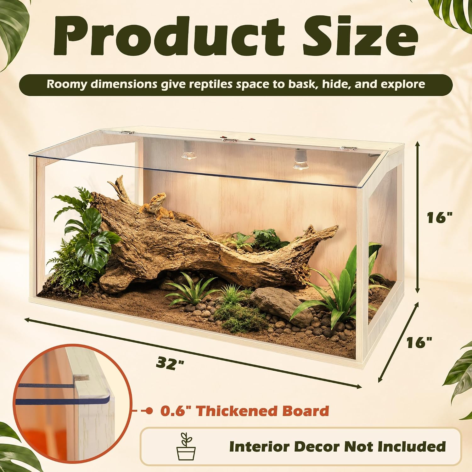 PROLEE Bearded Dragon Tank, Lizard Tank with Clear Tempered Glass, Anti-Scratch Reptile Enclosure, Reptile Tank Built-in Light Fixtures with Switch (32X16X16inch,34 Gallon)