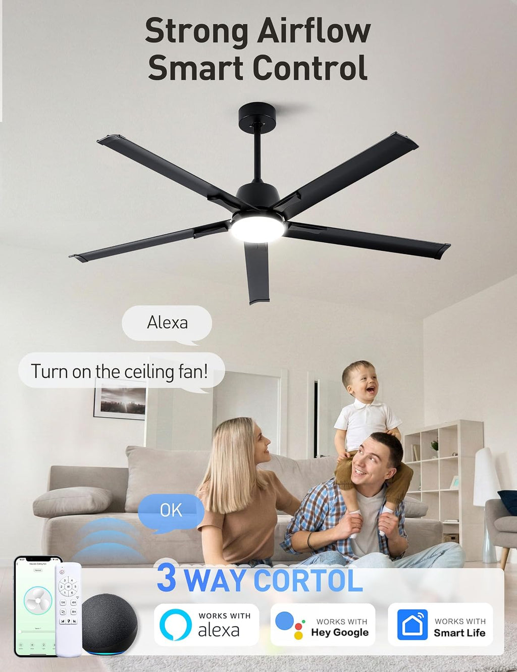 Minislak 62 Inch Smart Ceiling Fan with Light and Remote,Industrial Ceiling Fan with 5 Aluminum Blades,6 Speed,3CCT,Quiet DC Motor Indoor Outdoor Fan for Patio,Living Room,Bedroom