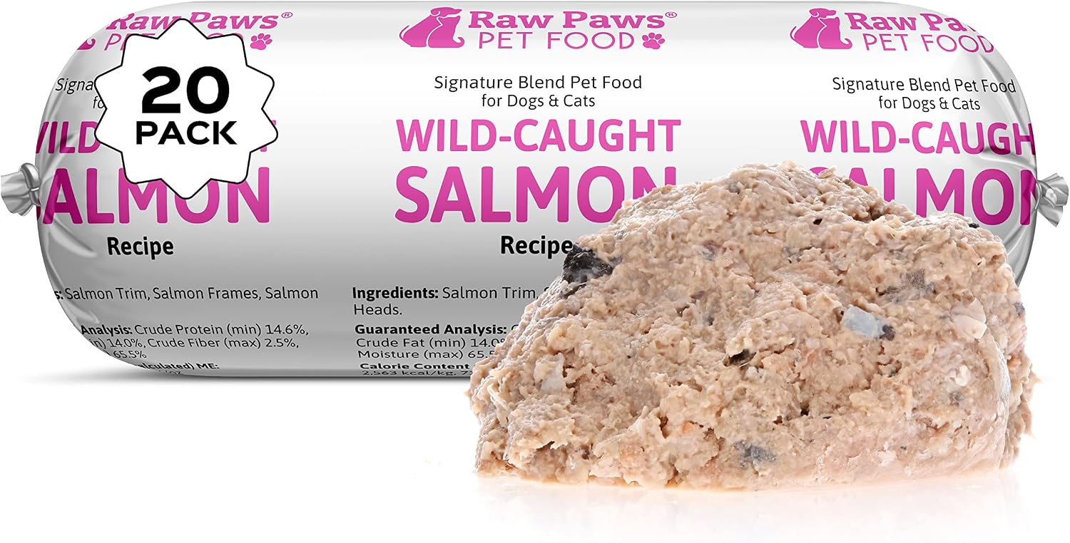 Raw Paws Signature Pet Food for Dogs & Cats - Wild Caught Salmon, 1-lb Rolls (20 Pack) Made in USA Salmon Dog Food - Raw Frozen Fish Dog Food - Sensitive Stomach Cat Food