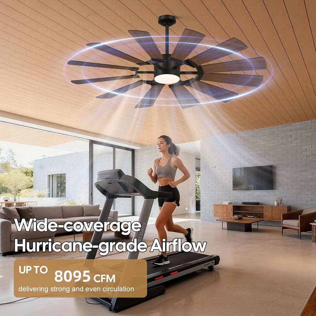 72'' Farmhouse Ceiling Fan with Light,12 Dual-Finish Wind Mill Blades, 3 Downrods, 6-Speed Reversible DC Motor, High CFM, 3CCT, Indoor Outdoor Industrial Fan for Patio Commercial Shop Garage
