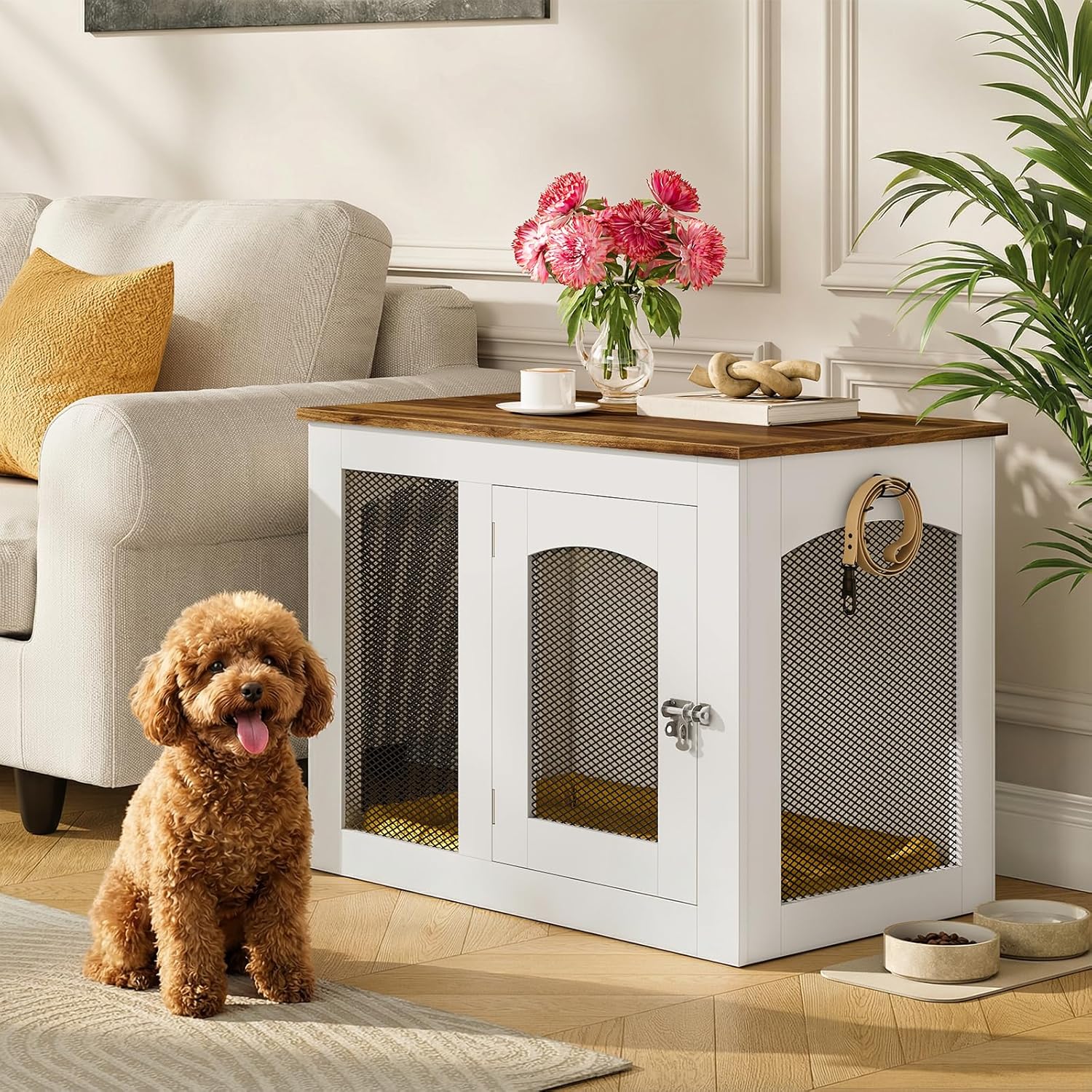 CHOEZON Wooden 30.1' Dog Crate Furniture, Farmhouse Pet Cage End Table with Secure Lock, Ventilated Mesh for Medium Dogs, Dog Kennel Furniture for Living Room, Bedroom, White and Walnut MGW02WL