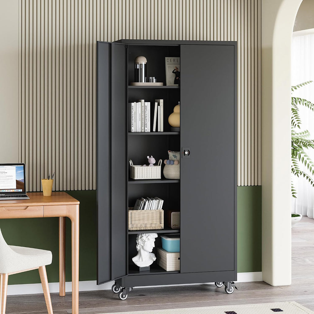 RAVIGIN Metal Garage Storage Cabinet with Wheels,75' H Locking Tool Cabinet with 2 Doors and 4 Adjustable Shelves Tall Cabinet for Garage, Heavy Duty File Cabinet for Office, School (Black)