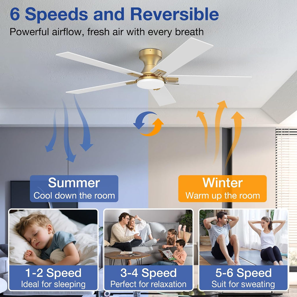 52 Inch Ceiling Fans with Lights,Smart Low Profile Ceiling Fan with Light and Remote Control,Modern Flush Mount Ceiling Fans for Bedroom,Patio,Porch,Outdoor Indoor Use,in Black White and Gold,Quiet