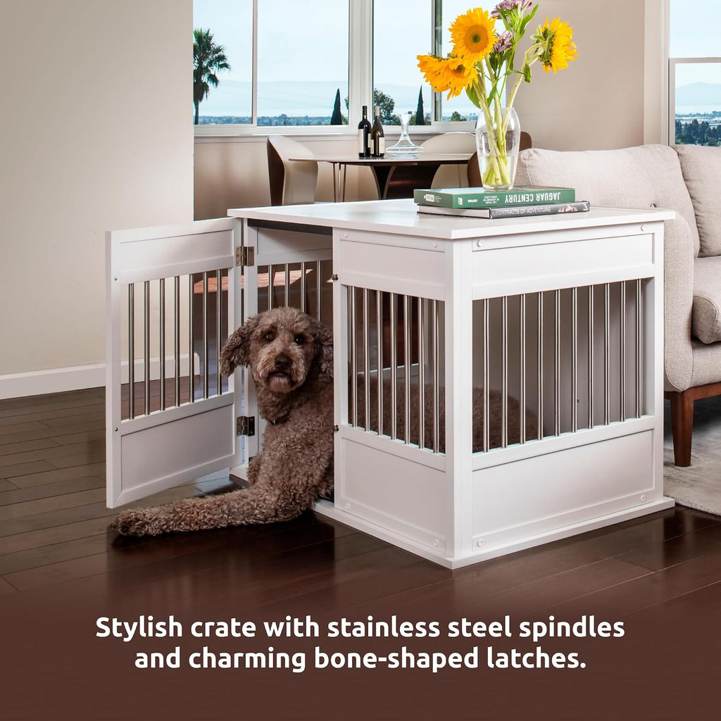 New Age Pet ECOFLEX Horizon Dog Crate & End Table, Modern Slatted Indoor Dog Kennel for Medium, Large & XL Dogs, Durable Composite, Antique White, Large