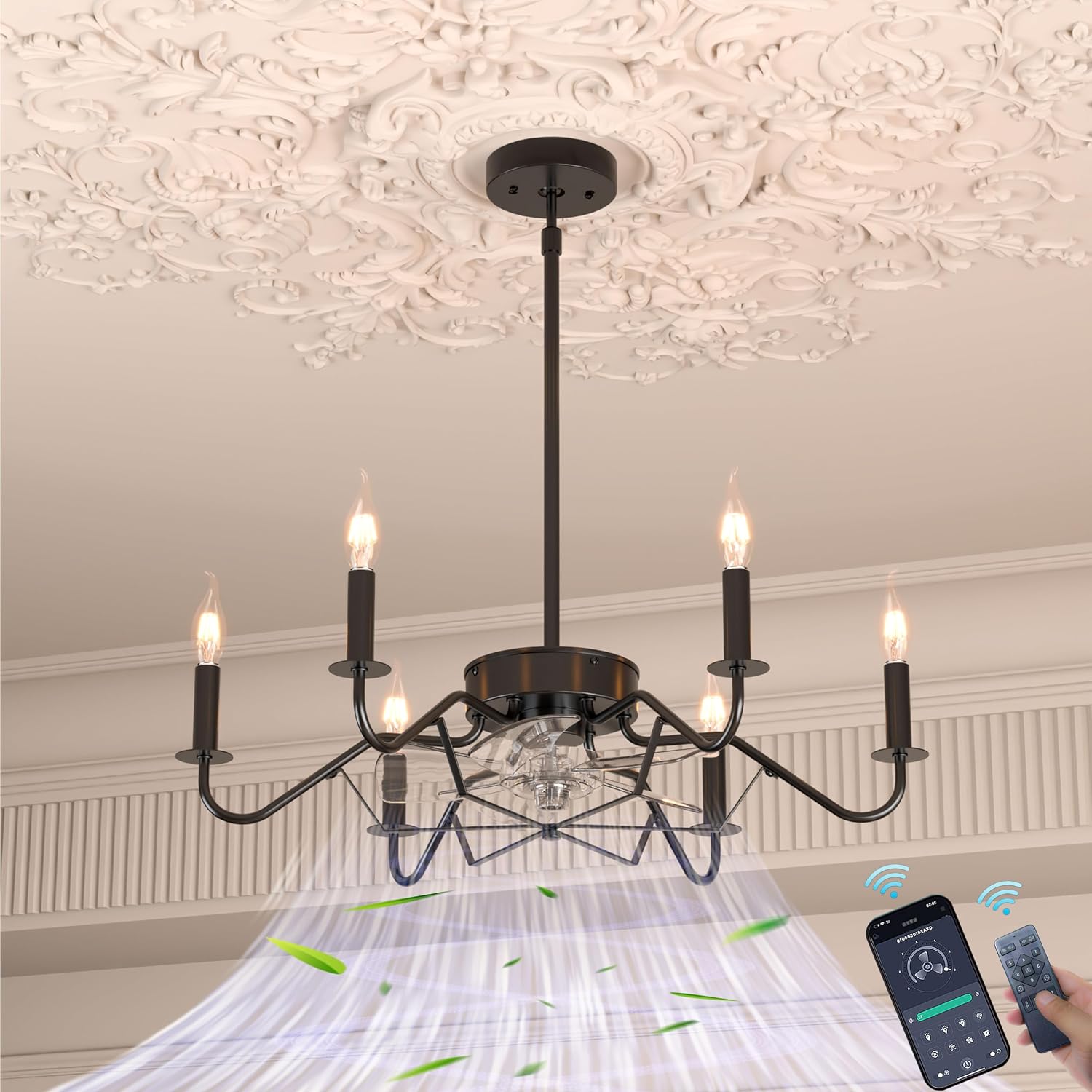 Ceiling Fan with Branch-Shaped Candlestick Chandelier 25' Farmhouse Fandelier Ceiling Fans with Lights, Rustic Hanging Chandelier for Bedroom, Dining Room, Kitchen Island, Foyer, Hallway-Black