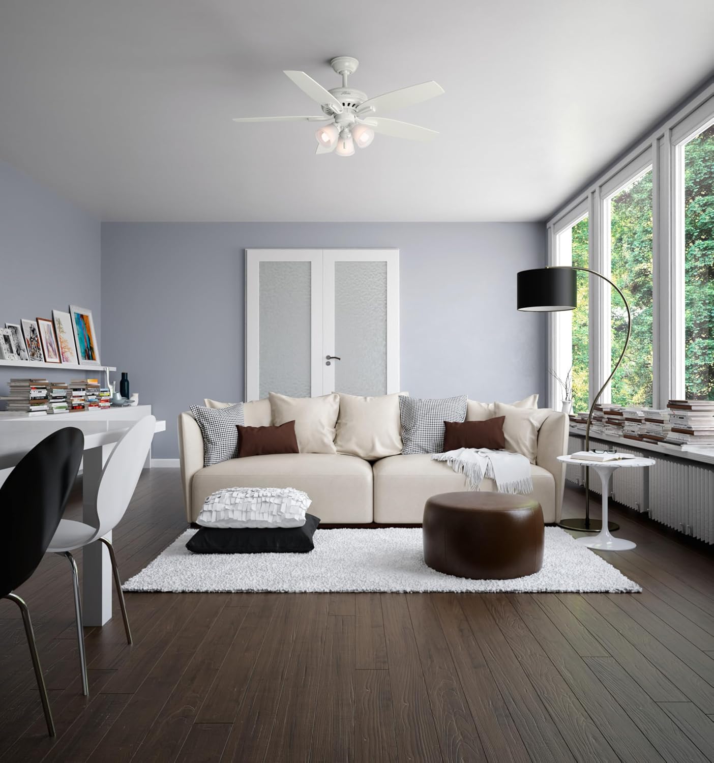Hunter 52 inch Indoor Ceiling Fan with LED Lights - White Ceiling Fan with Pull Chain, For Bedroom or Living Room, Standard Mount, No Remote, 5 Blades, Includes Bulbs - Newsome 53316, Fresh White