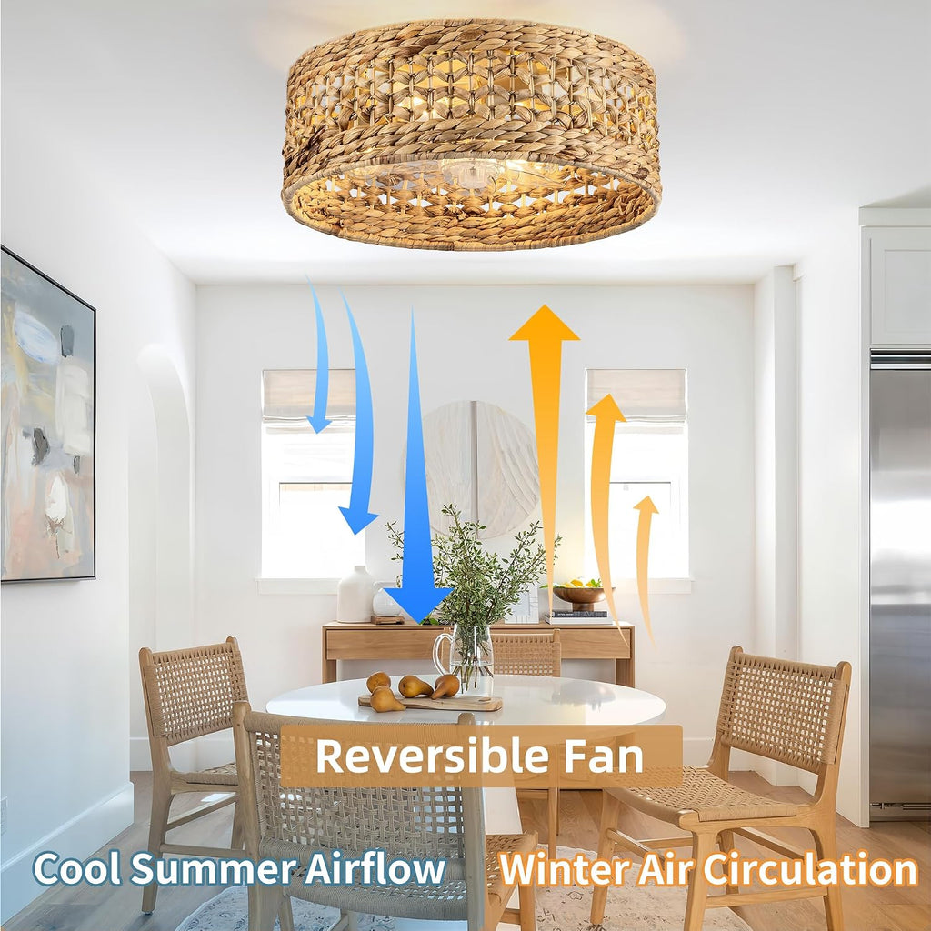 Handwoven Boho Ceiling Fan with Light,Rattan Caged Ceiling Fans with Lights and Remote Control Flush Mount Low Profile Enclosed 6 Speeds Fandelier for Bedroom,Living Room,Dining Room,4-Light