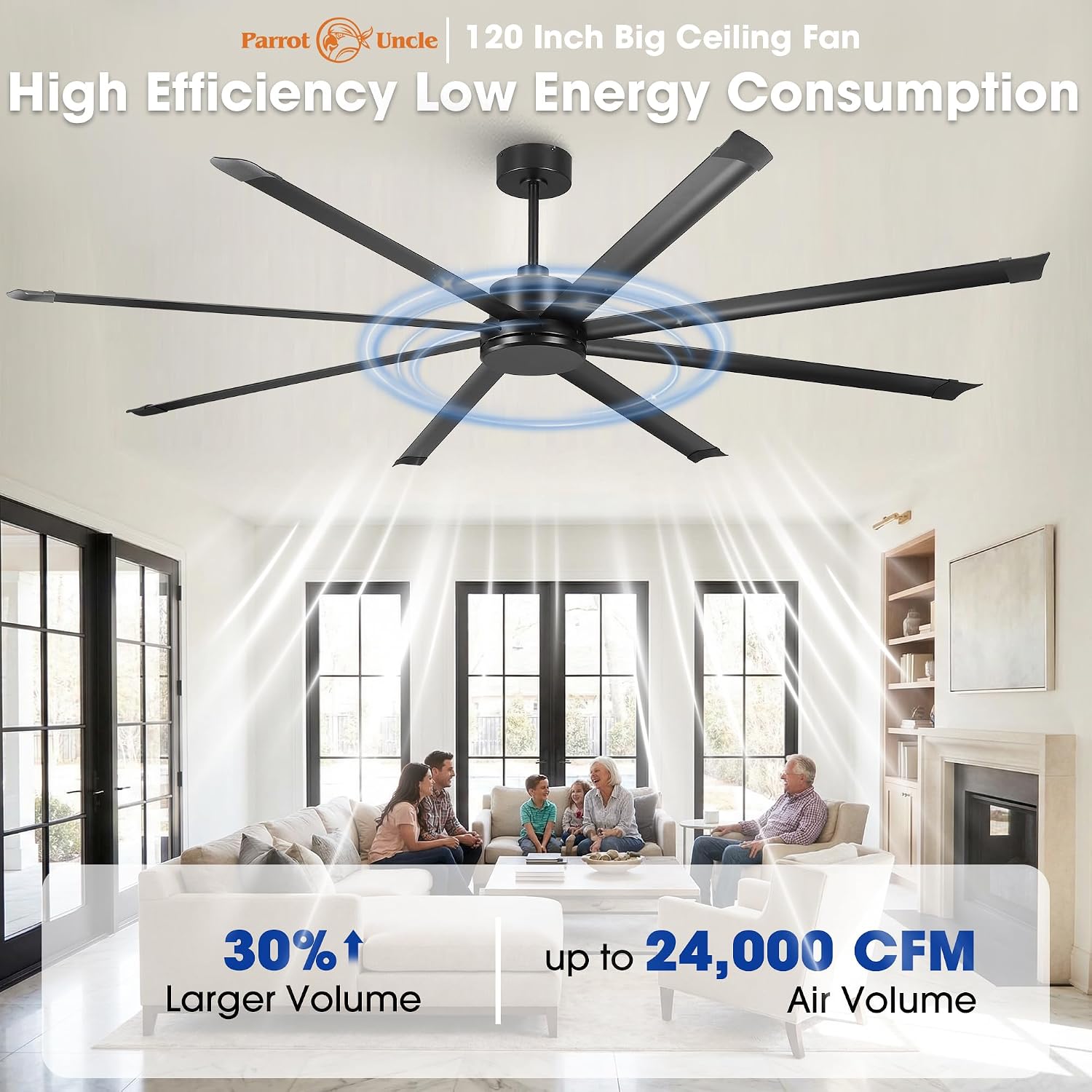 Parrot Uncle 120 Inch Industrial Ceiling Fan without Light, 10 ft Large Commercial Fan for Shop Gym Living Room, High CFM Quiet DC Motor, Remote Control, Reversible 8 Aluminum Blades, Matte Black