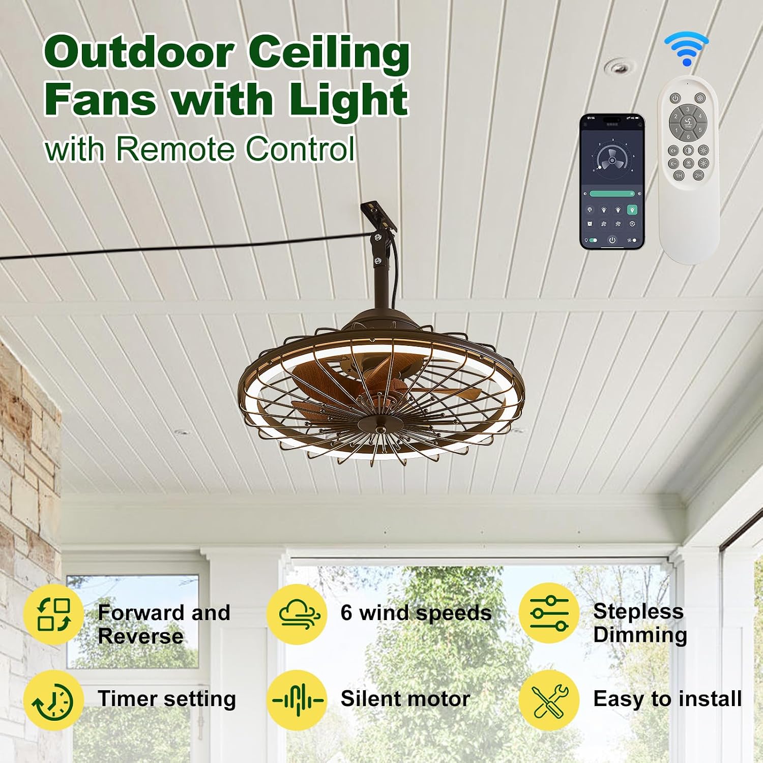 20' Outdoor Ceiling Fans with Light for Patios, IP65 Waterproof Plug in Ceiling Fan, Gazebo Hanging Fan with Remote Control App, Dimmable LED, 6-Speeds for Porch Pergola