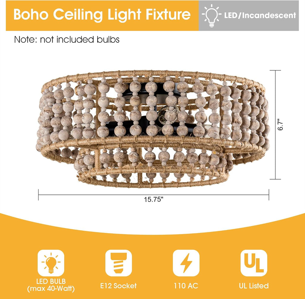 Parrot Uncle Farmhouse Chandeliers for Dining Room, Bohemia Wood Beaded Kitchen Chandelier Over Table, Rustic Flush Mount Ceiling Light for Bedroom, Entryway, Foyer, Hallway, 3-Light