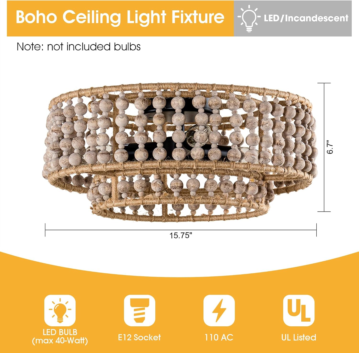 Parrot Uncle Farmhouse Chandeliers for Dining Room, Bohemia Wood Beaded Kitchen Chandelier Over Table, Rustic Flush Mount Ceiling Light for Bedroom, Entryway, Foyer, Hallway, 3-Light