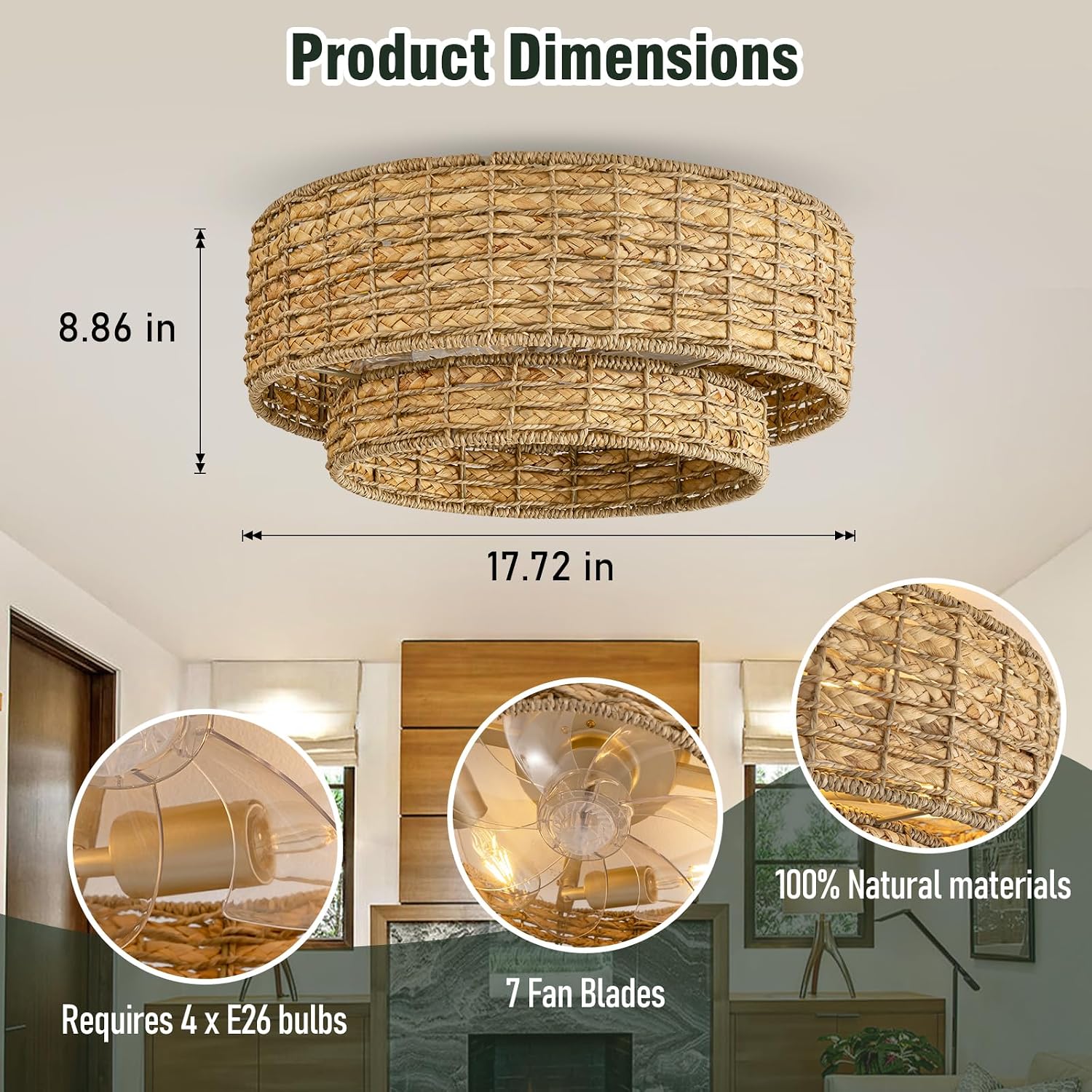 18'' Boho Caged Ceiling Fan with Light and Remote, Rattan Flush Mount Ceiling Fan, Low Profile Fandelier with 6 Speeds for Bedroom Living Room Kids Room Nursery Kitchen