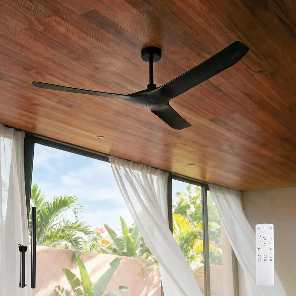 60 Inch Ultra-thin Ceiling Fan Without Lights, Whole Aluminum DC Motor and Blades,6 Speed Adjustable Black Indoor Outdoor Ceiling Fan for Patios and Bedroom