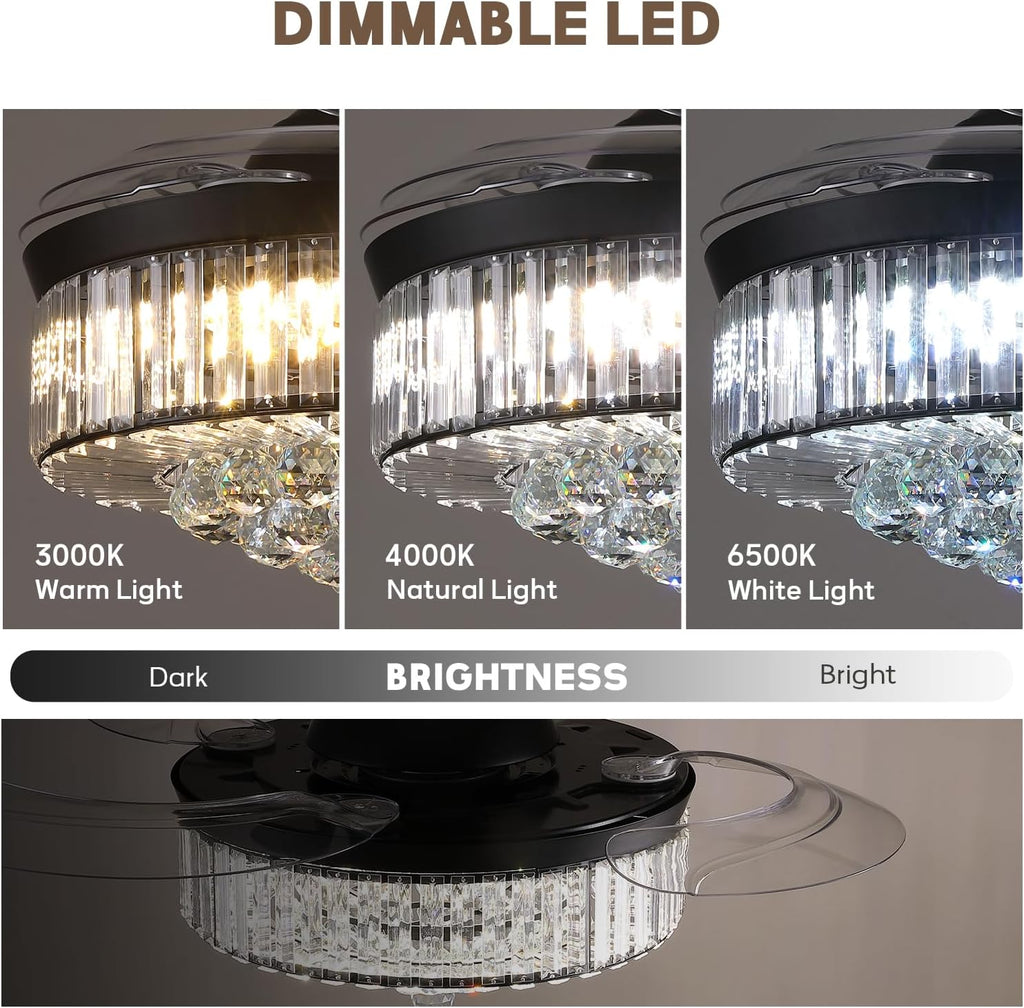 48'' Crystal Fandelier Ceiling Fan with Light, Retractable Blades Ceiling Fans with Light and Remote, Dimmable Chandelier Ceiling Fan for Bedroom Living Room-Black