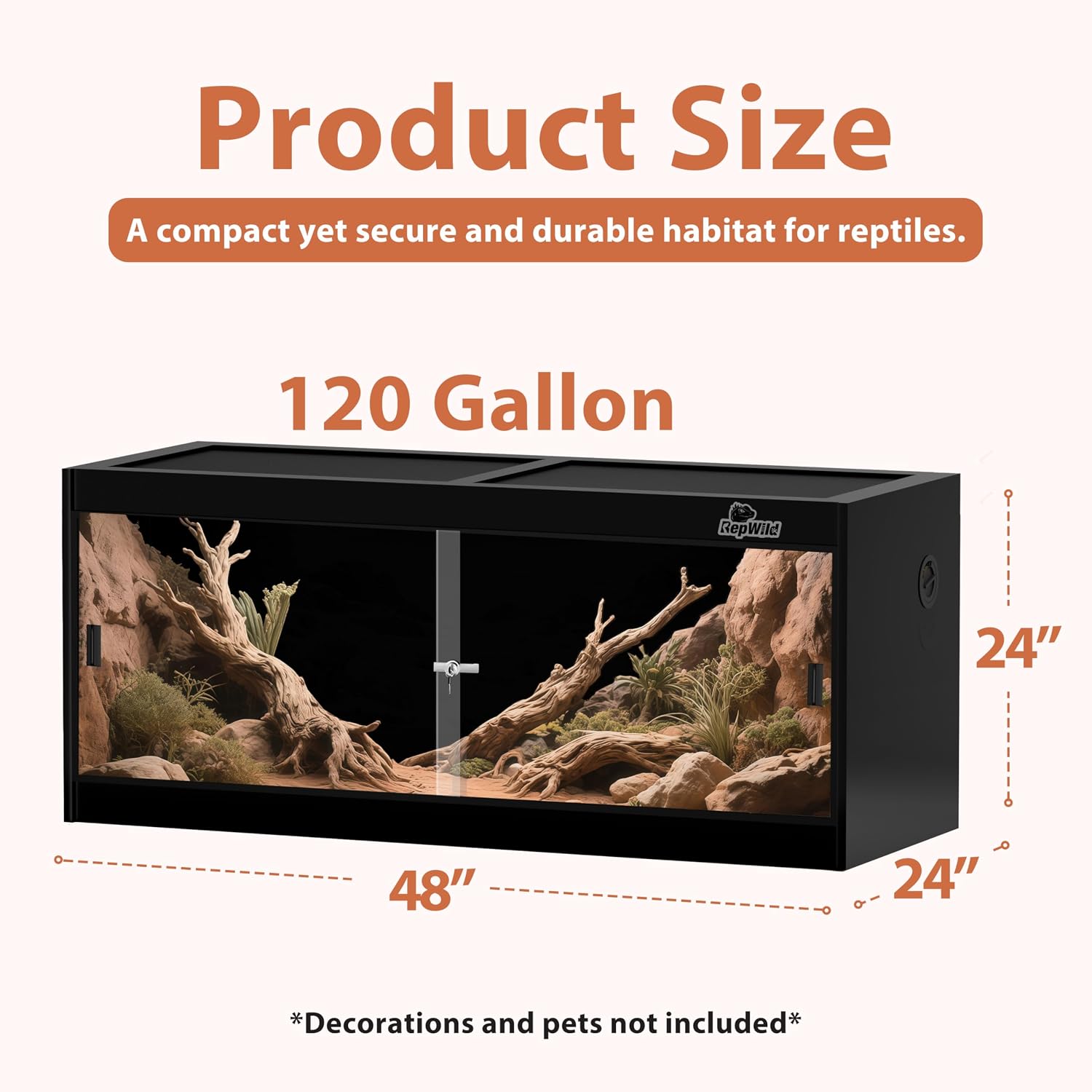 4x2x2 (120 Gallon) PVC Reptile Enclosure, RepWild Terrarium/Tank with Heavy-Duty Screen Top, Glass Sliding Doors & Lock for Bearded Dragons, Ball Python, Geckos, Lizards