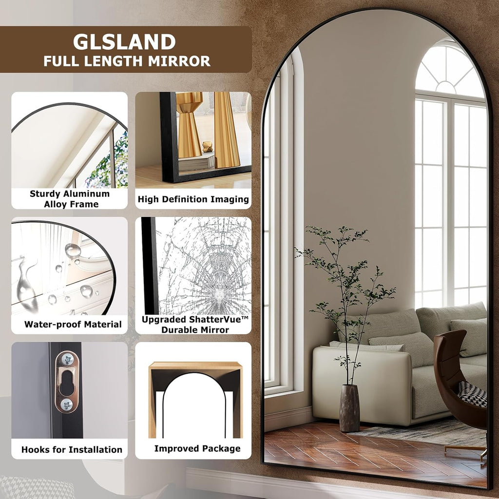 GLSLAND-30x71 inch Wall Mount Arched Full Length Mirror-Aluminum Alloy Frame High Definition-Full Body Mirror for Bedroom or Living Room,Black