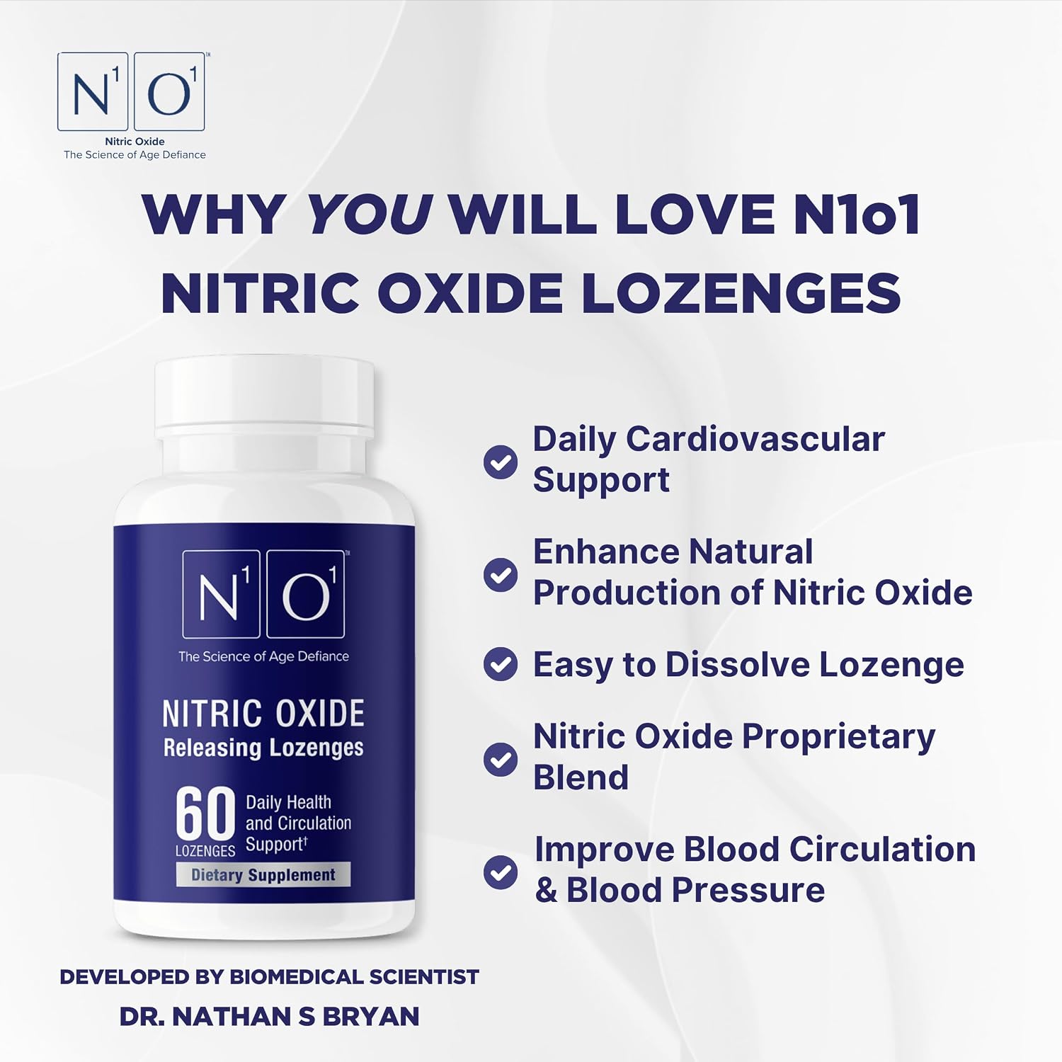 N1O1 Nitric Oxide Lozenges for Heart Health Support - Dietary Supplement for Blood Flow, Oxygenation and Blood Pressure - 180 Count