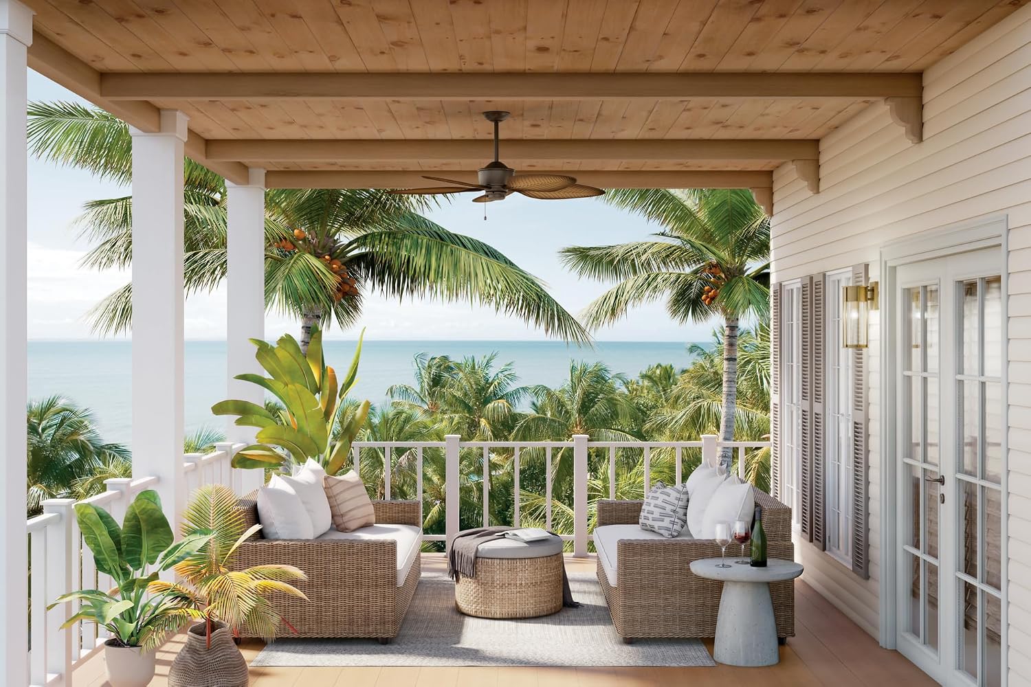 Kichler Nani 56 in Outdoor Ceiling Fan Weather+ 5 Blade AC Motor with Pull Chain in Satin Natural Bronze and Ivory with Walnut Blades for Covered Patios, 310095SNB