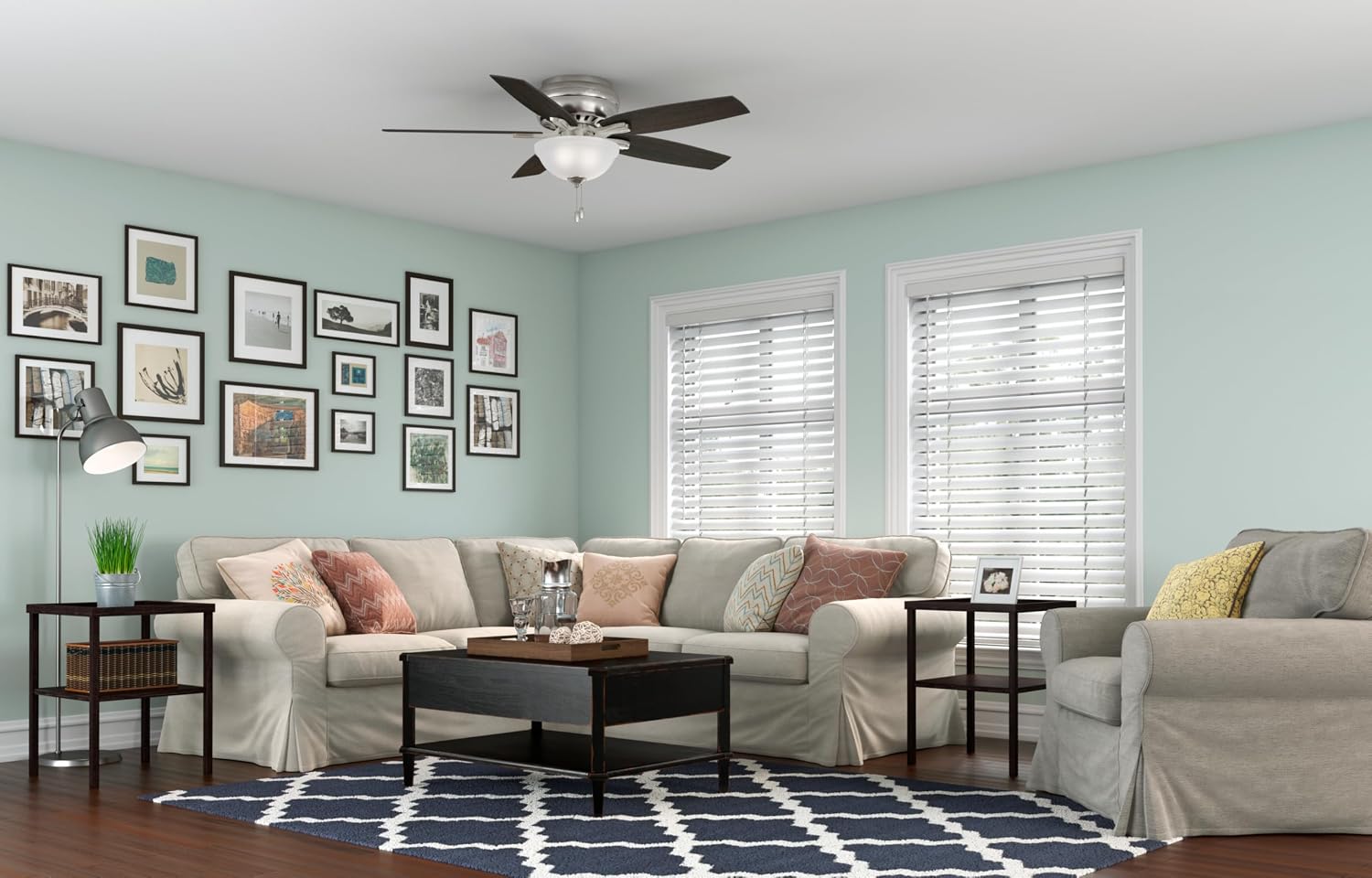 Hunter 52 inch Indoor Ceiling Fan with LED Light - Ceiling Fan with Pull Chain, For Bedroom or Living Room, Low Profile Flush Mount, No Remote, 5 Blades, Includes Bulbs- Newsome 53315, Brushed Nickel