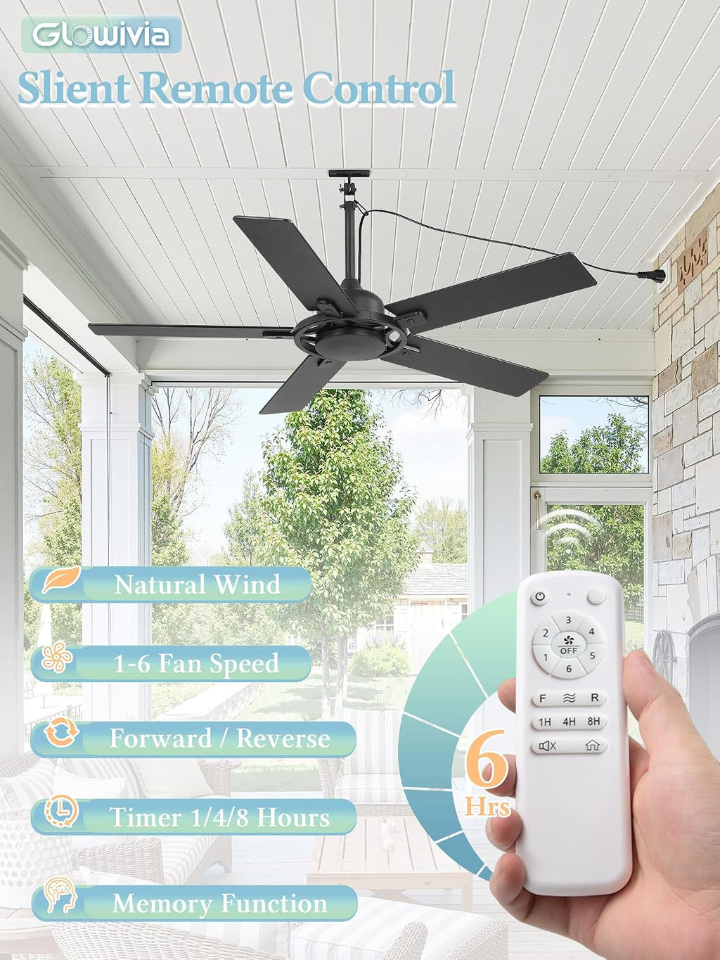 52 Inch Outdoor Ceiling Fan without Light, Waterproof IP65 Wet-Rated, Plug-in Black Ceiling Fan No Light, Remote Control with 6-Speed DC Motor, Hanging Fans with Cord for Patio Porch Gazebo