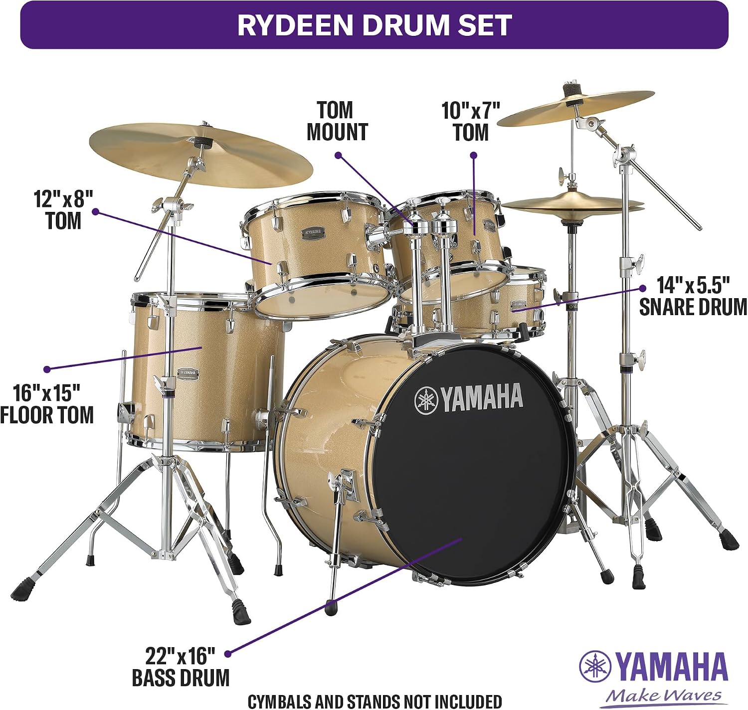Yamaha Rydeen 5-Piece Drum Set With 22' Bass Drum, Floor Tom, 2 Toms With Ball Clamp And Wood Snare Drum, Champagne Glitter