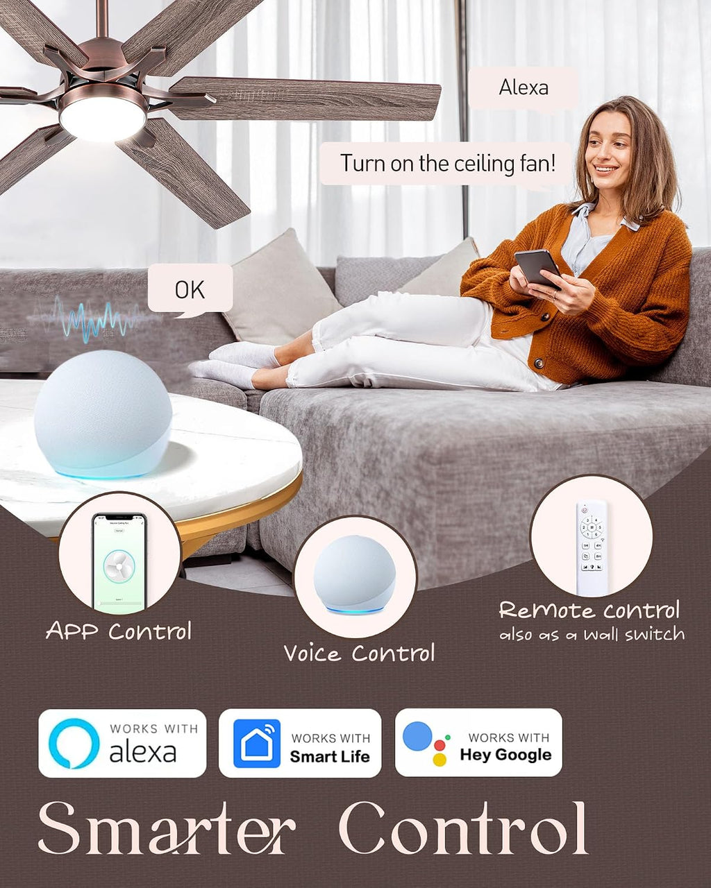 Minislak 52' Oil Rubbed Bronze Smart Ceiling Fan with Light via WiFi Alexa,6-Speeds Quiet DC Motor,Dimmable,Outdoor Antique Bronze Large Ceiling Fan for Living Room,Bedroom,Dual Finish 6 Blades
