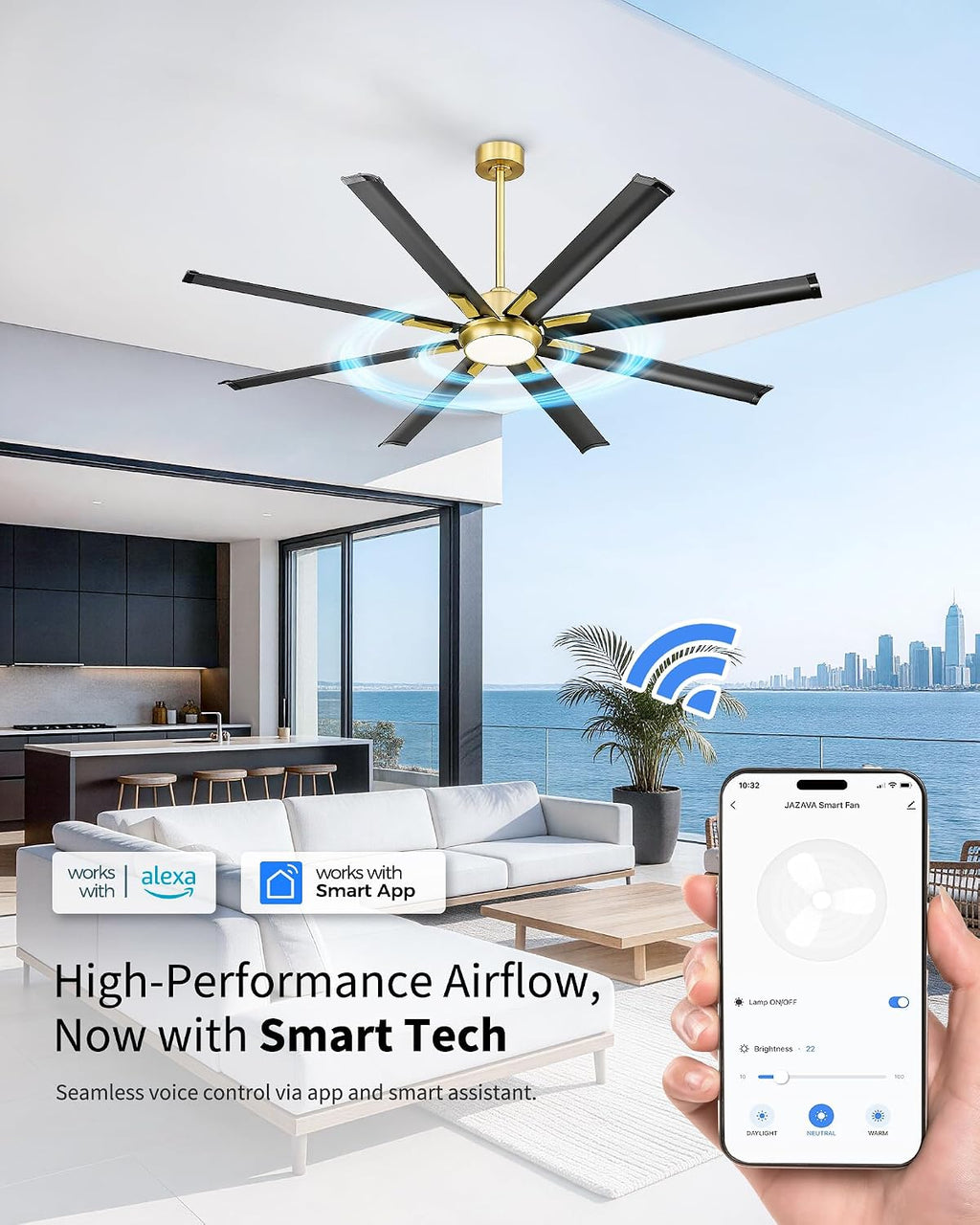 Industrial Ceiling Fan With Light,72 Inch Black & Gold Ceiling Fan With 8 Aluminium Metal Blades,Works with Voice Control,Ideal for Covered Outdoor Spaces,CF04BGB-72