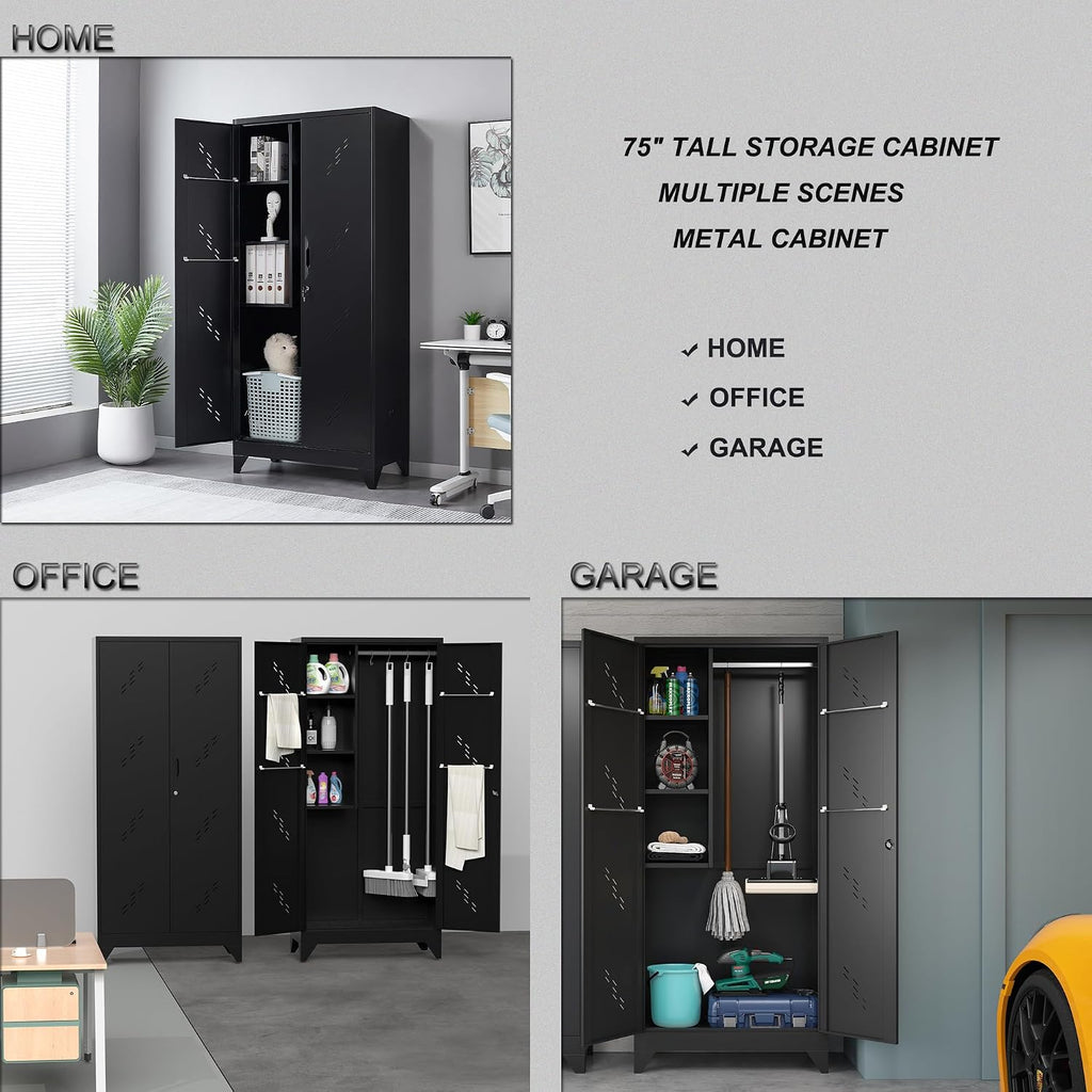 75' Taller Metal Garage Storage Cabinet,Tool Chest, Large Office Storage Cabinet with Lock Doors, Stainless Steel Bottom Plate with Holes,Utility Room Organization(H75* D16.53*L33.85)(Black)