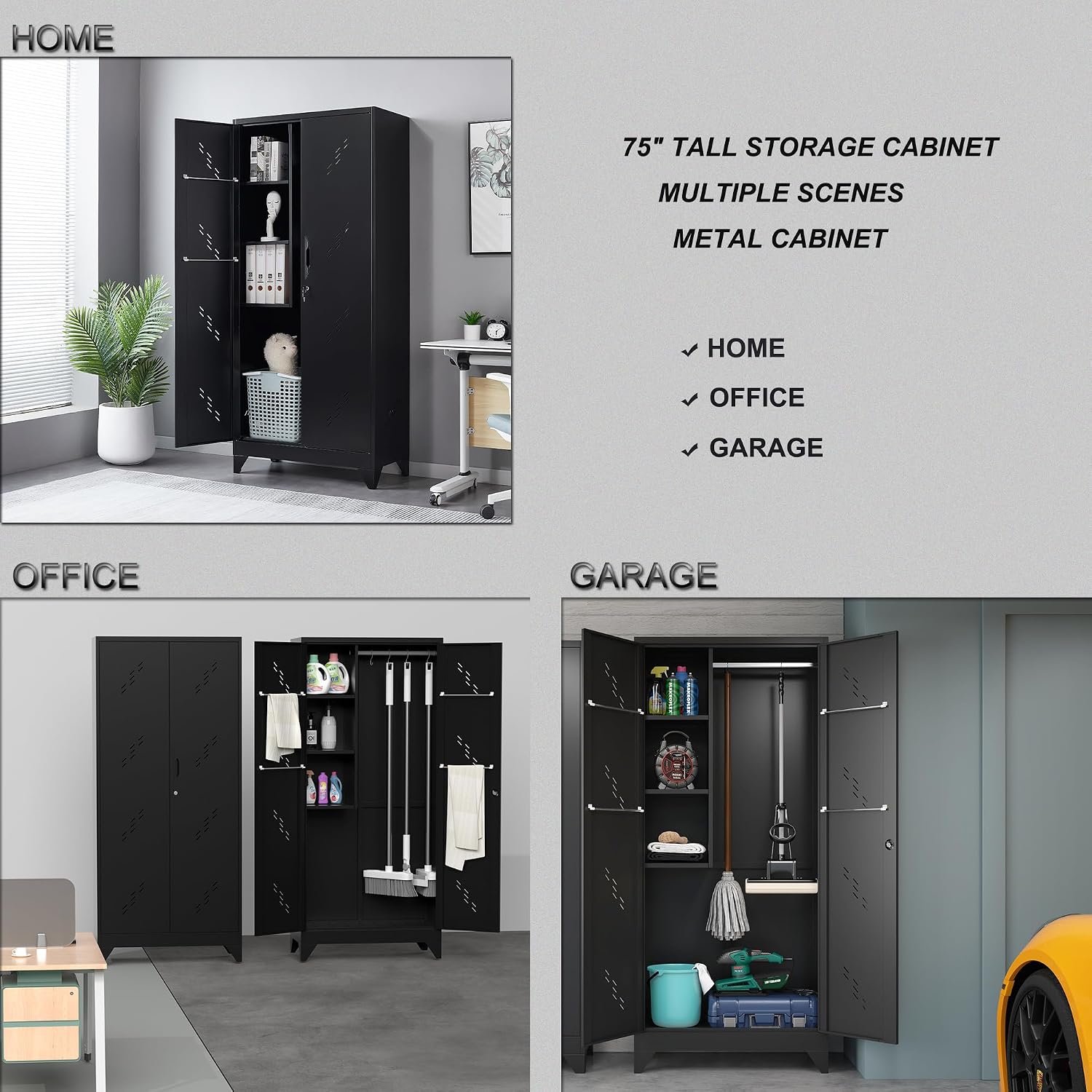 75' Taller Metal Garage Storage Cabinet,Tool Chest, Large Office Storage Cabinet with Lock Doors, Stainless Steel Bottom Plate with Holes,Utility Room Organization(H75* D16.53*L33.85)(Black)